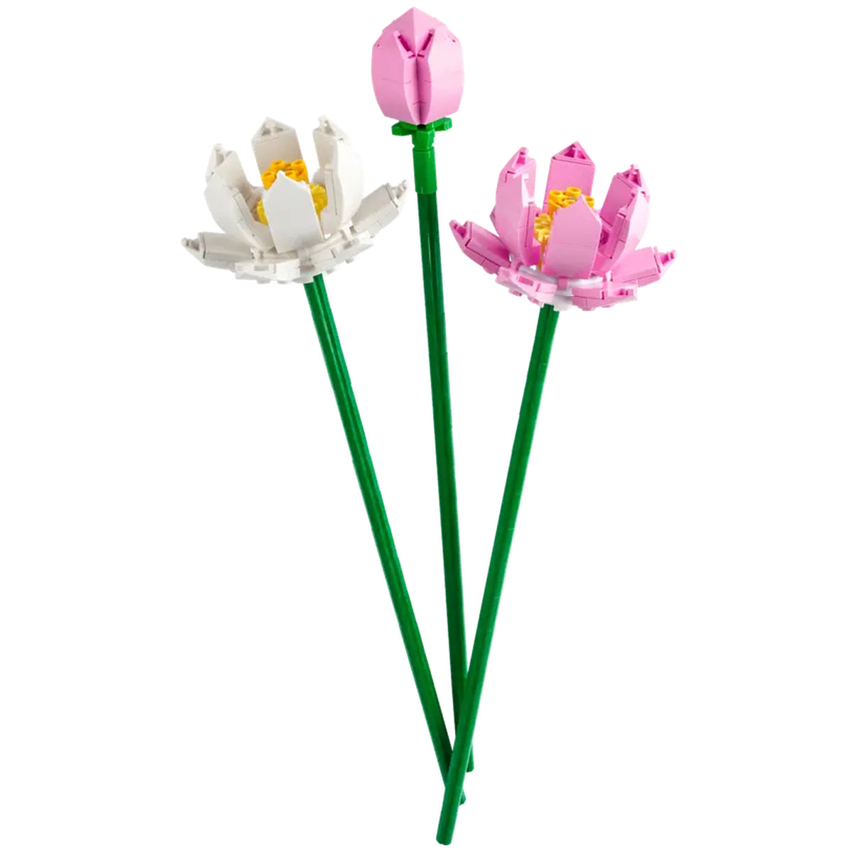 Three LEGO® flower models: a fully bloomed white lotus, a pink lotus, and a budding flower, all with green stems.