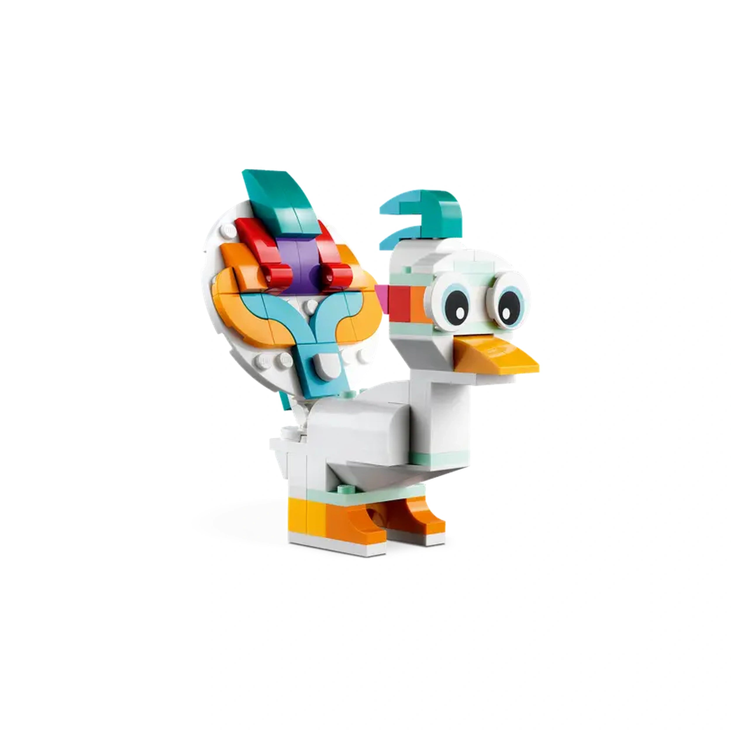 Colorful LEGO Creator bird figure with a white body, orange beak, teal crest, and vibrant patterned tail, standing on a white base.