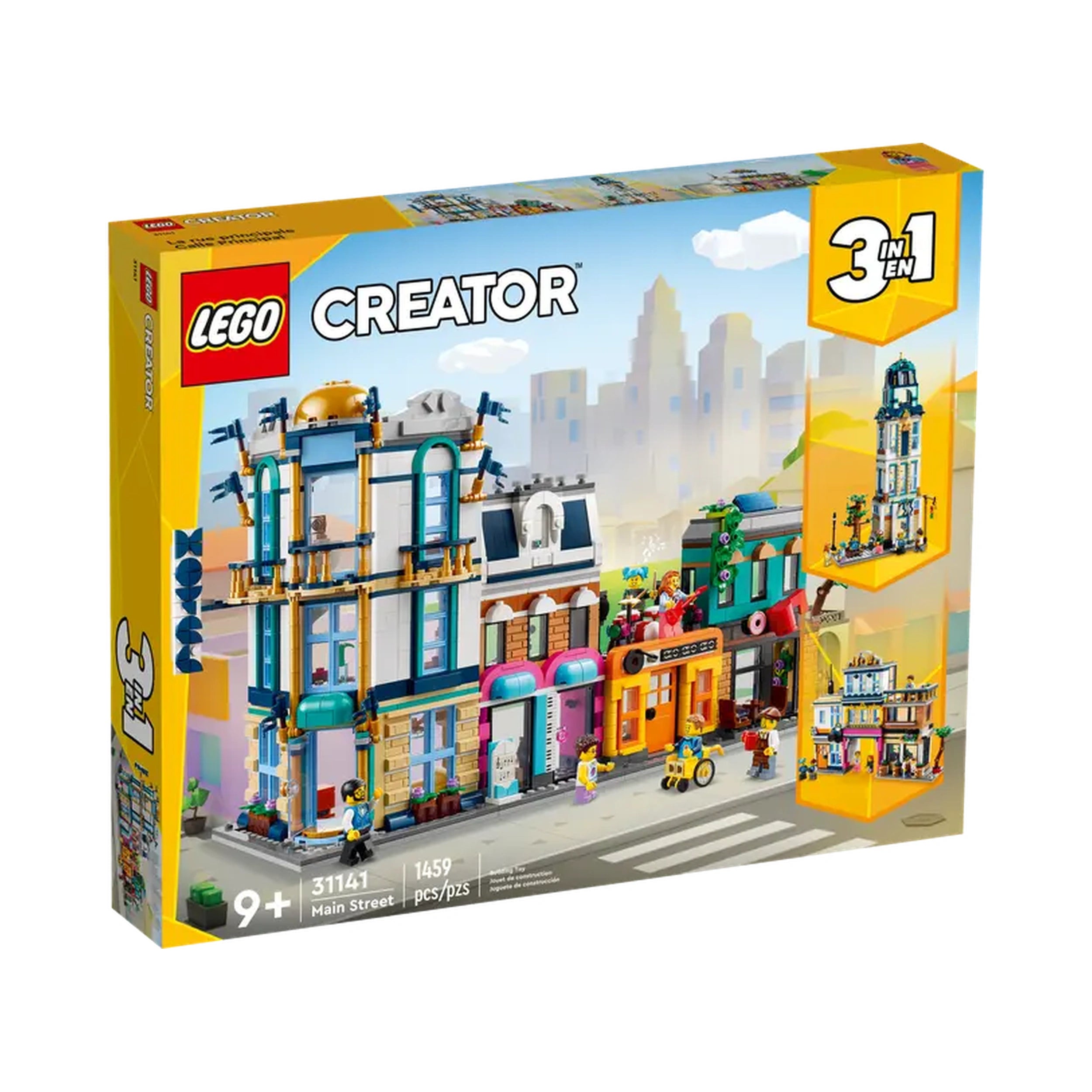 LEGO Creator 3in1 Main Street set featuring a colorful street scene with a three-floor corner hotel, music store, record store, and café.