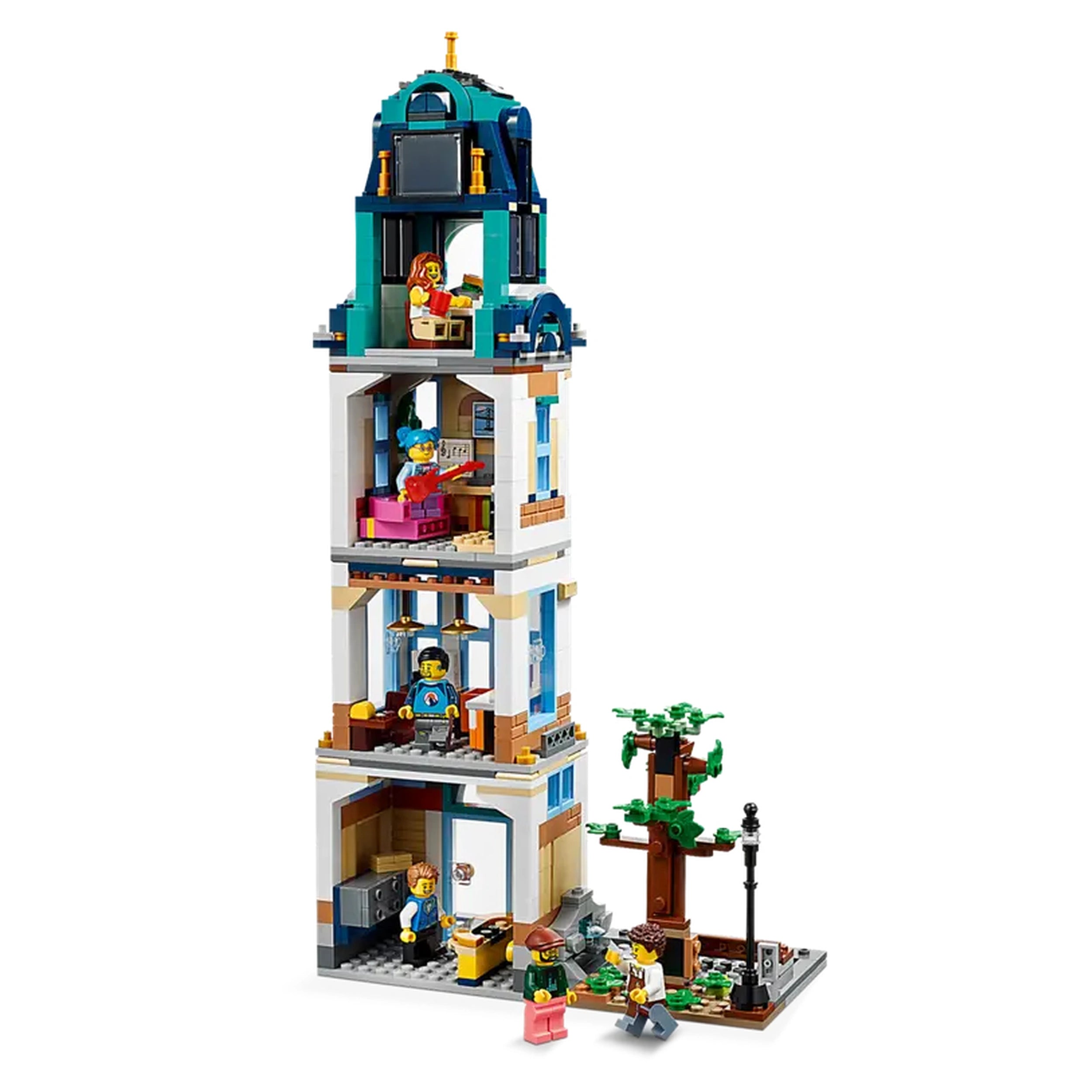 Detailed three-story LEGO Creator Main Street building featuring a colorful facade, mini-figures interacting outside, and a tree alongside.