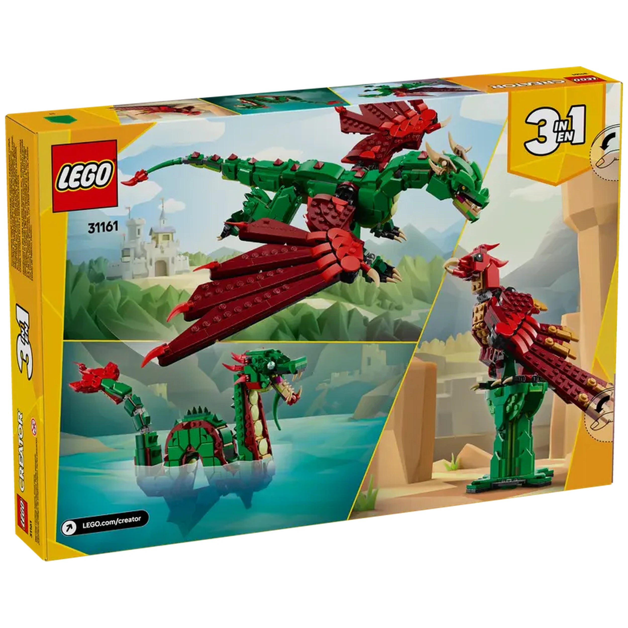 Three-in-one LEGO Creator Medieval Dragon set showcasing a majestic green and red dragon with posable wings, neck, and limbs, accompanied by a sea serpent and phoenix models on a colorful packaging backdrop.