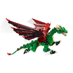 Bright green LEGO® Creator Medieval Dragon with red wings, detailed features, and posable limbs, showcasing a dynamic pose.