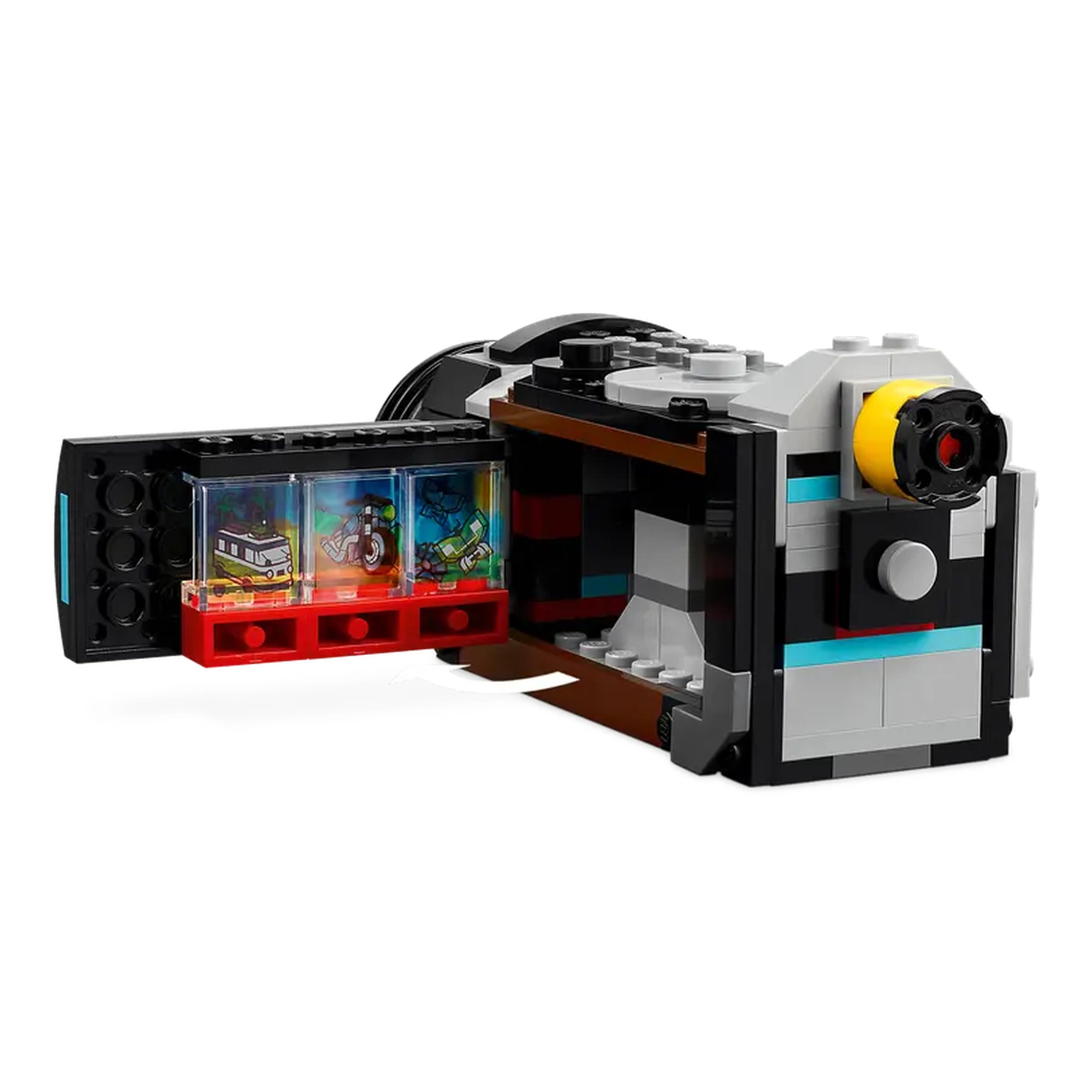 LEGO Creator Retro Camera construction set displaying a vibrant, retro design with a moving lens and functional buttons, featuring an open back revealing brick-built film pieces.