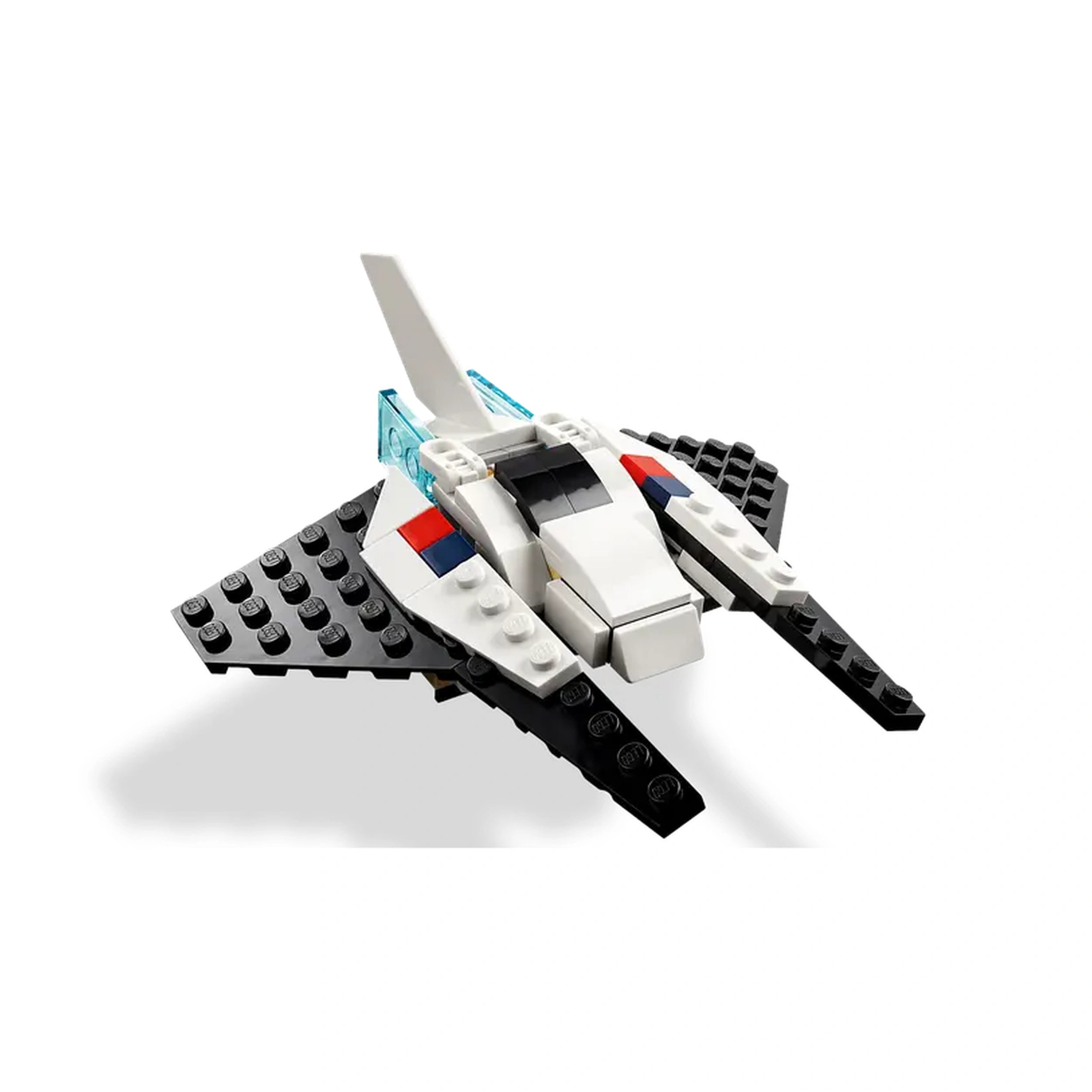 LEGO Creator 3in1 Space Shuttle construction set featuring a sleek white design with black wings and a transparent cockpit.