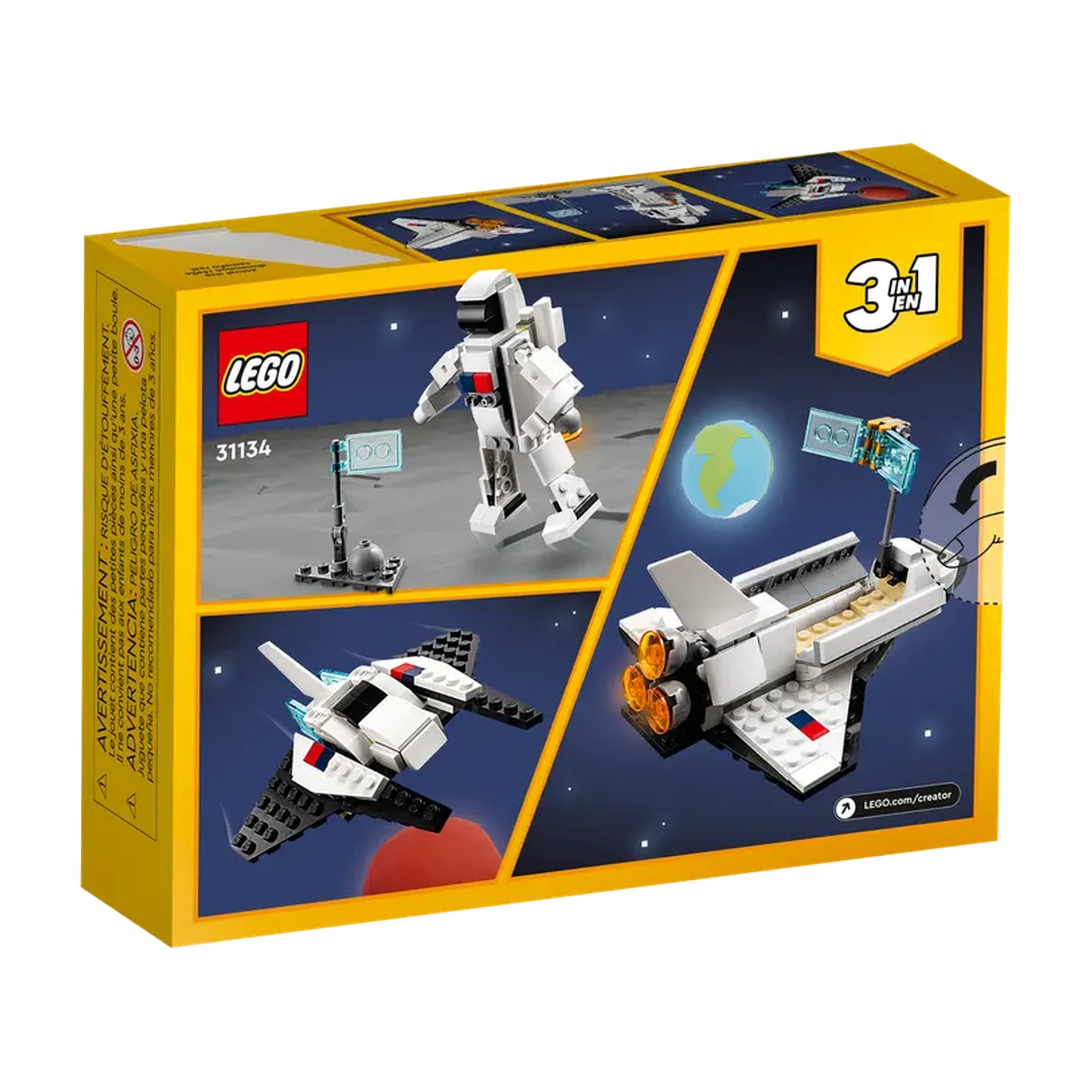 LEGO Creator 3in1 Space Shuttle set featuring a posable astronaut on a moon-like surface, a black and white shuttle, and vibrant rocket thrusters.