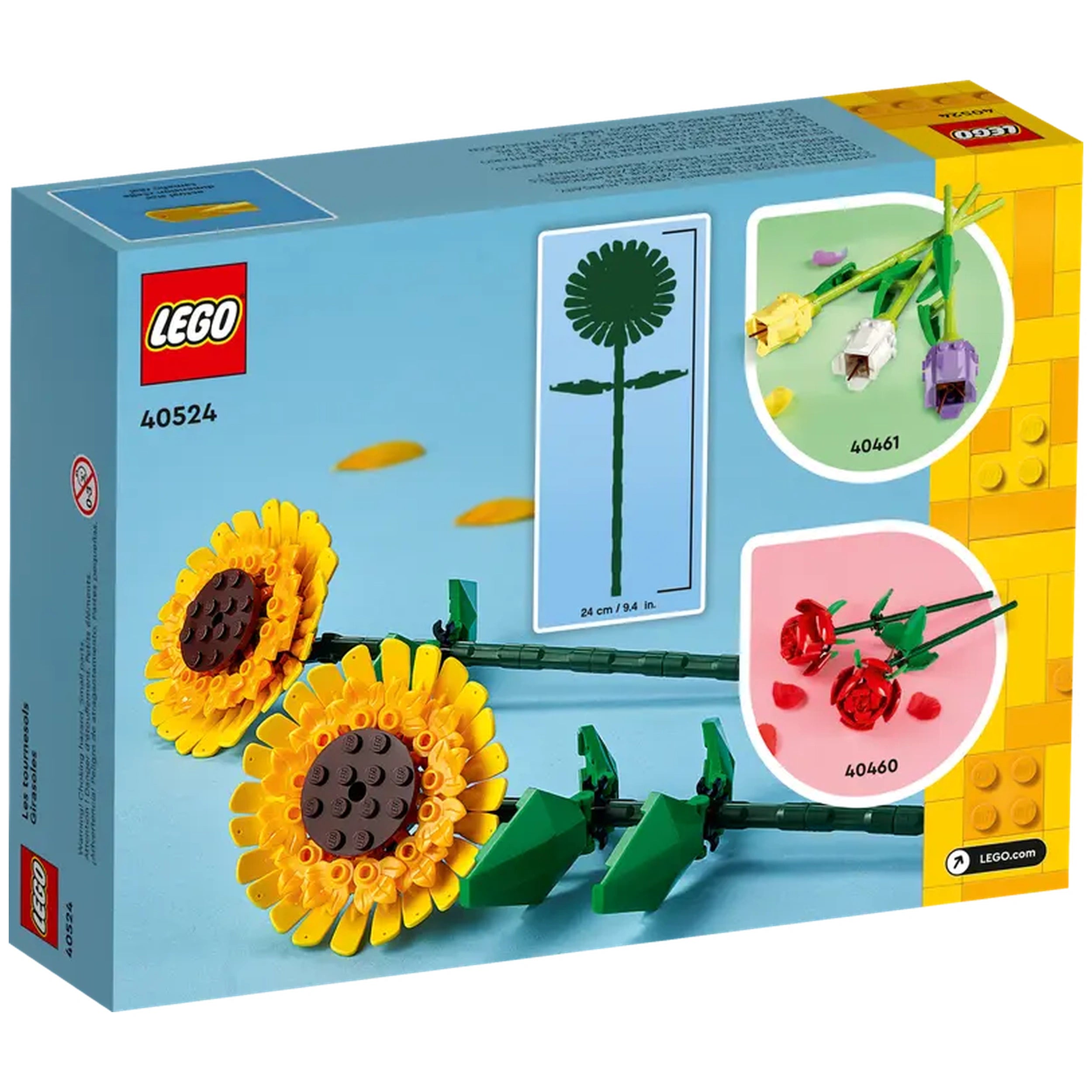LEGO Creator Sunflowers construction set box featuring two vibrant yellow sunflower blooms with brown centers, green stems, and leaves against a light blue background. The box includes visual highlights of additional flower sets.
