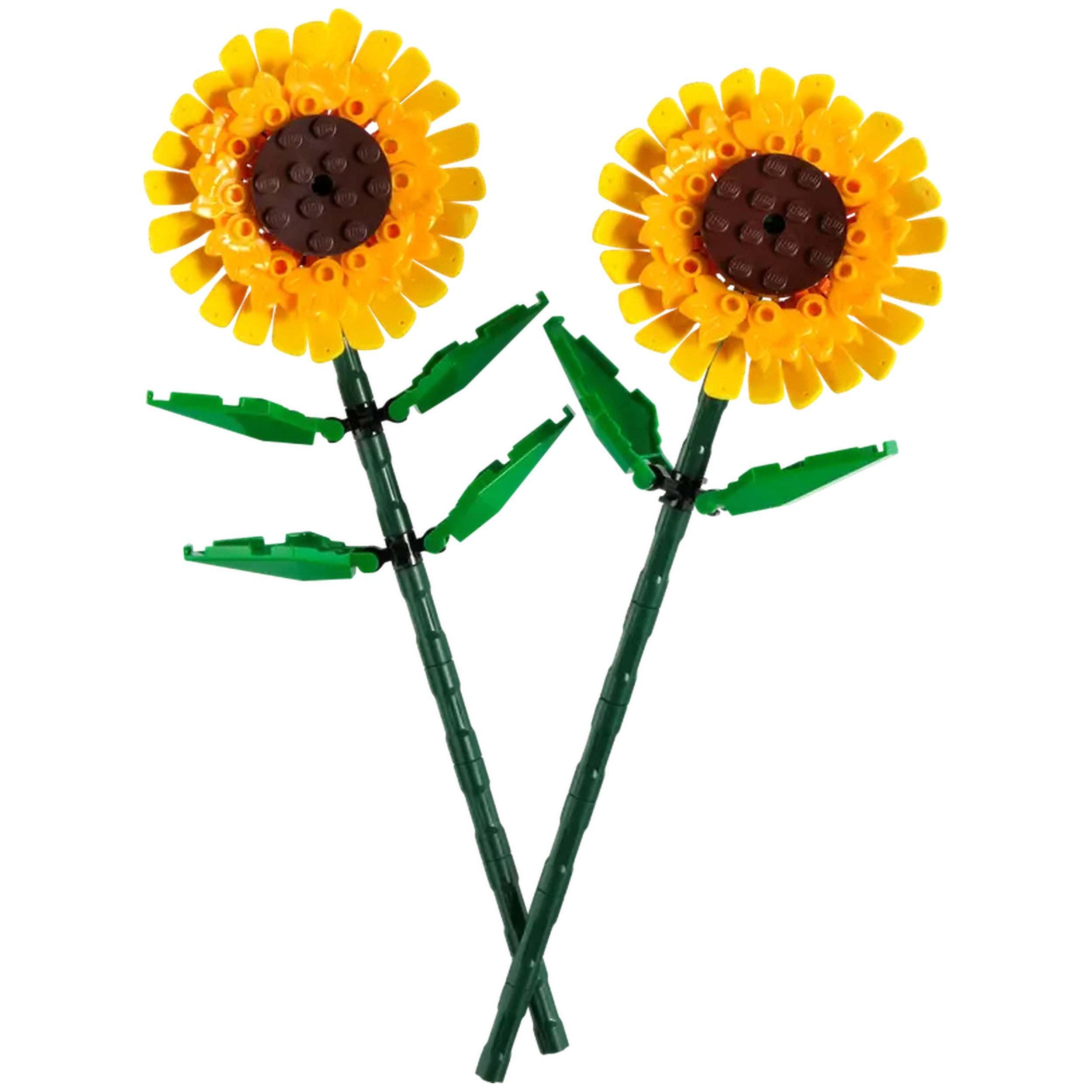 Two colorful LEGO sunflower blooms with bright yellow petals, brown centers, and adjustable green stems and leaves.