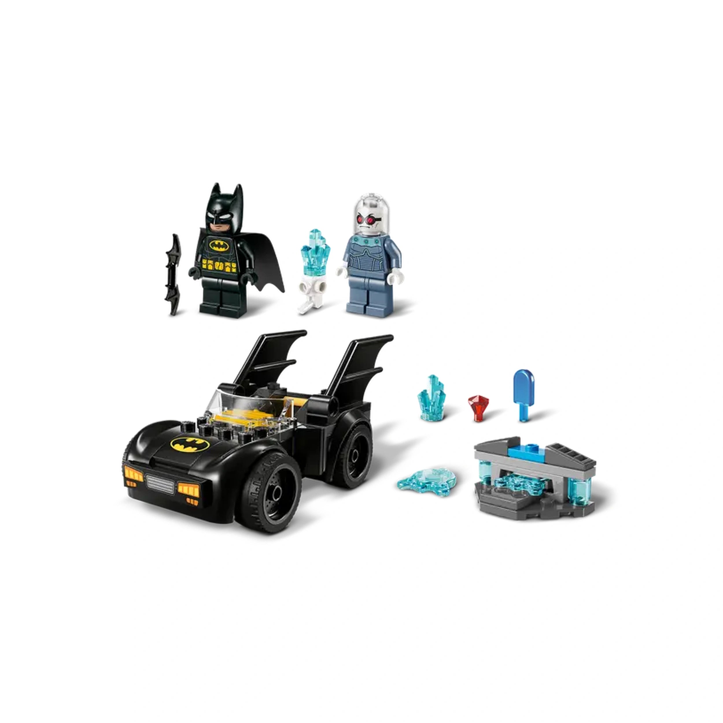LEGO Batman minifigure stands beside Mr. Freeze with a buildable Batmobile, surrounded by ice crystal accessories and a control panel.
