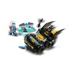 LEGO Batman in a black Batmobile, featuring yellow accents, with Mr. Freeze nearby and action accessories included.
