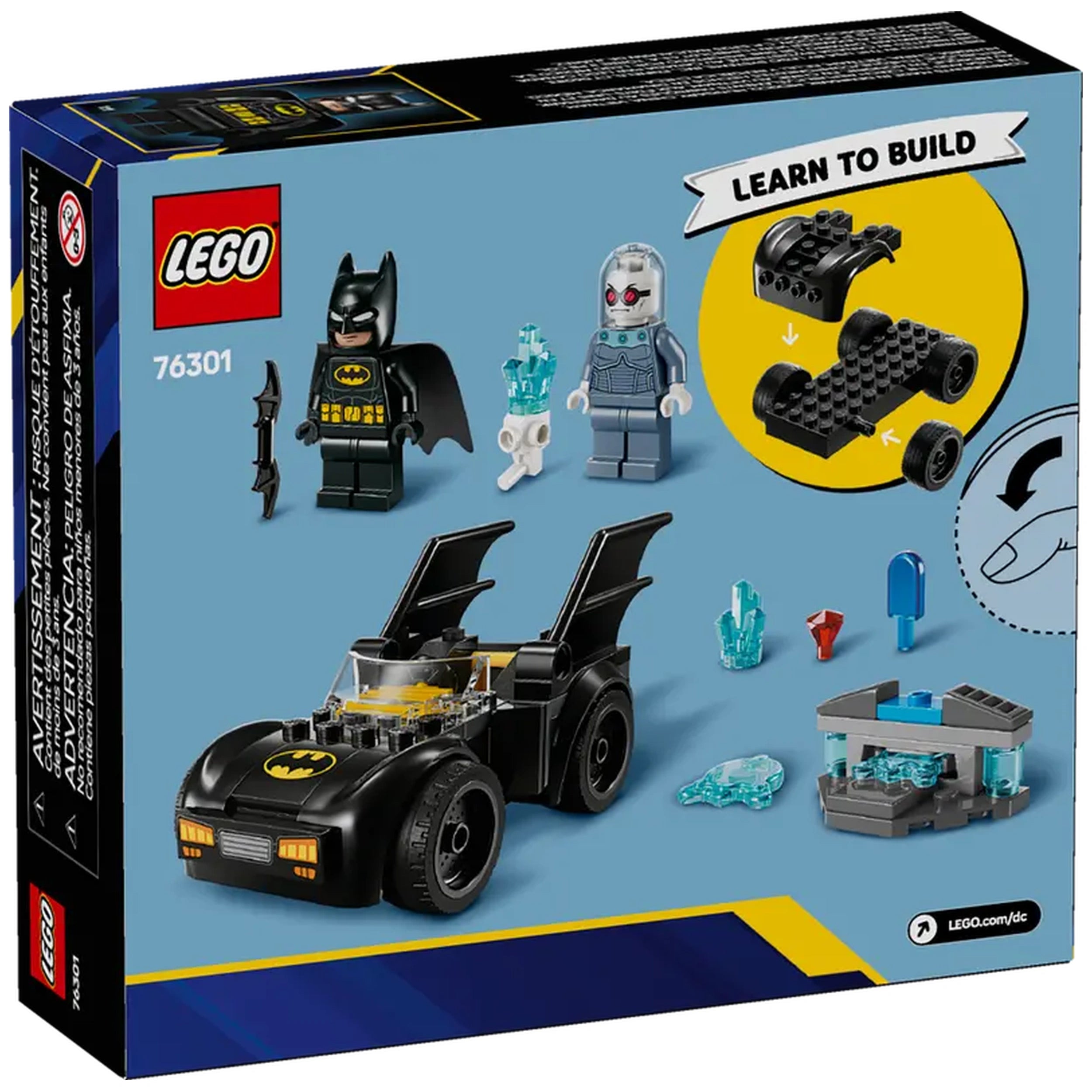 Batman minifigure with cape next to Mr. Freeze figure, set includes Batmobile with wings, icy crystals, and a building guide on a blue background.