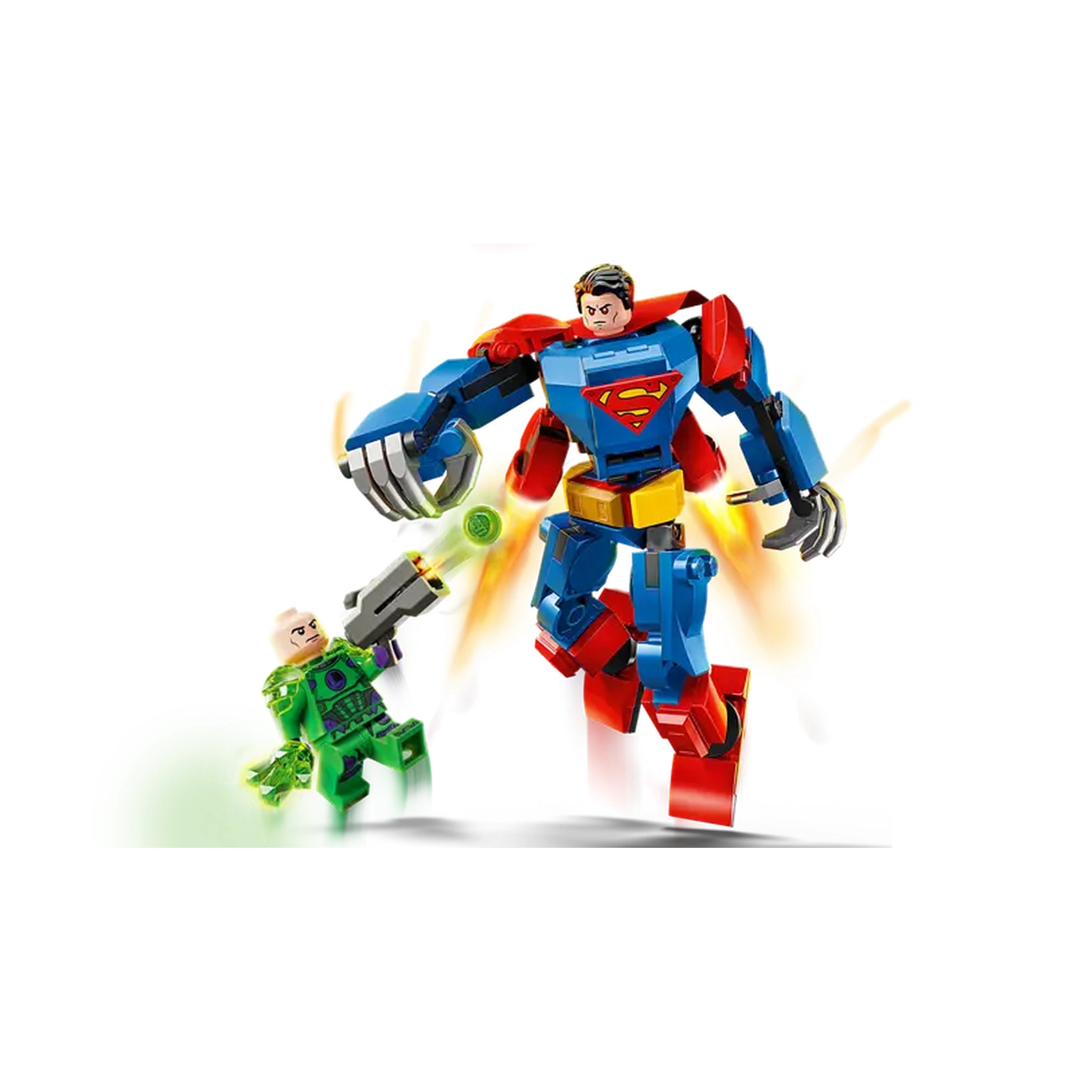 Superman in a blue and red mech suit confronts Lex Luthor, who wields a gun, set against colorful action effects.