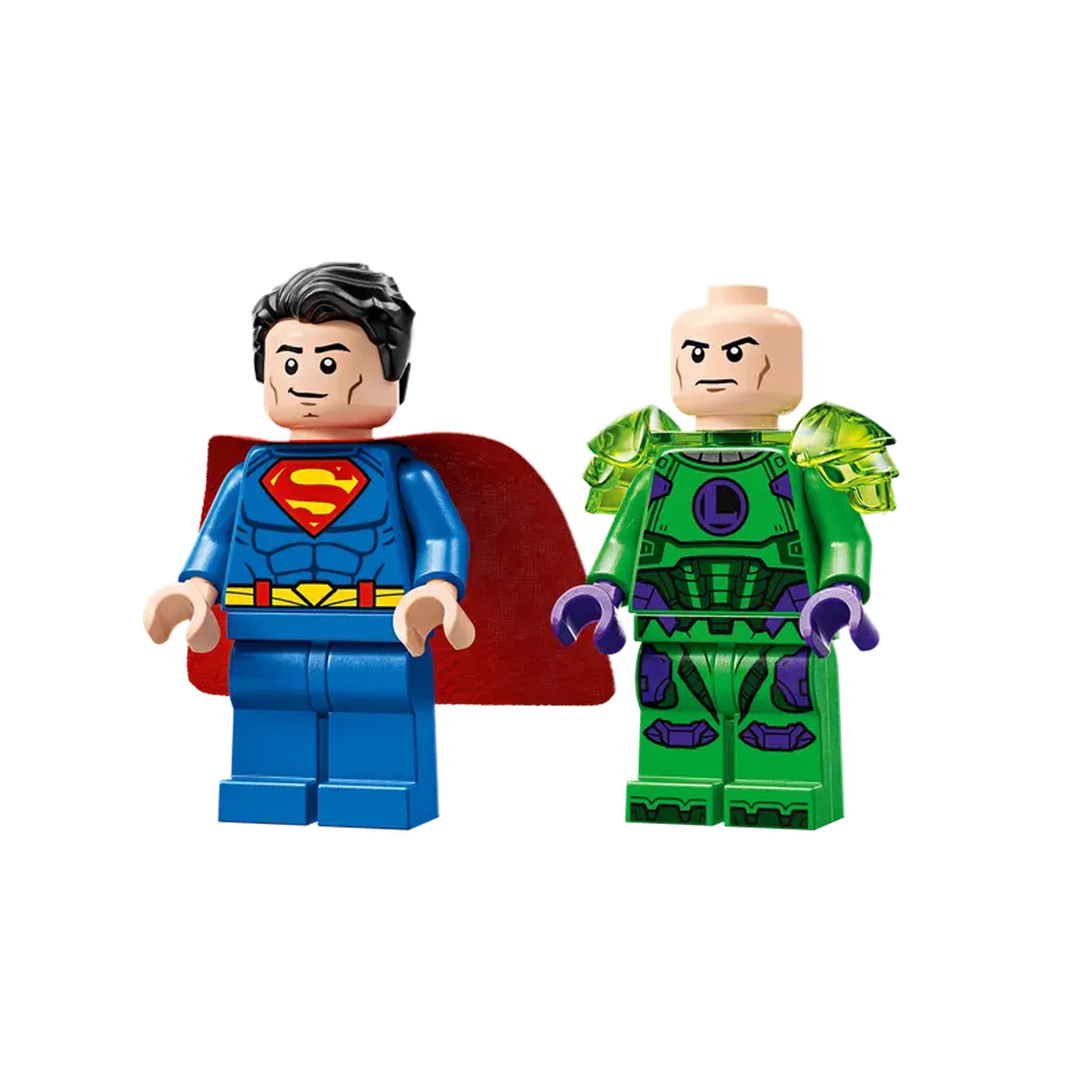 Superman and Lex Luthor LEGO minifigures stand side by side, with Superman in a blue suit and red cape, and Lex Luthor in a green and purple outfit with shoulder armor.