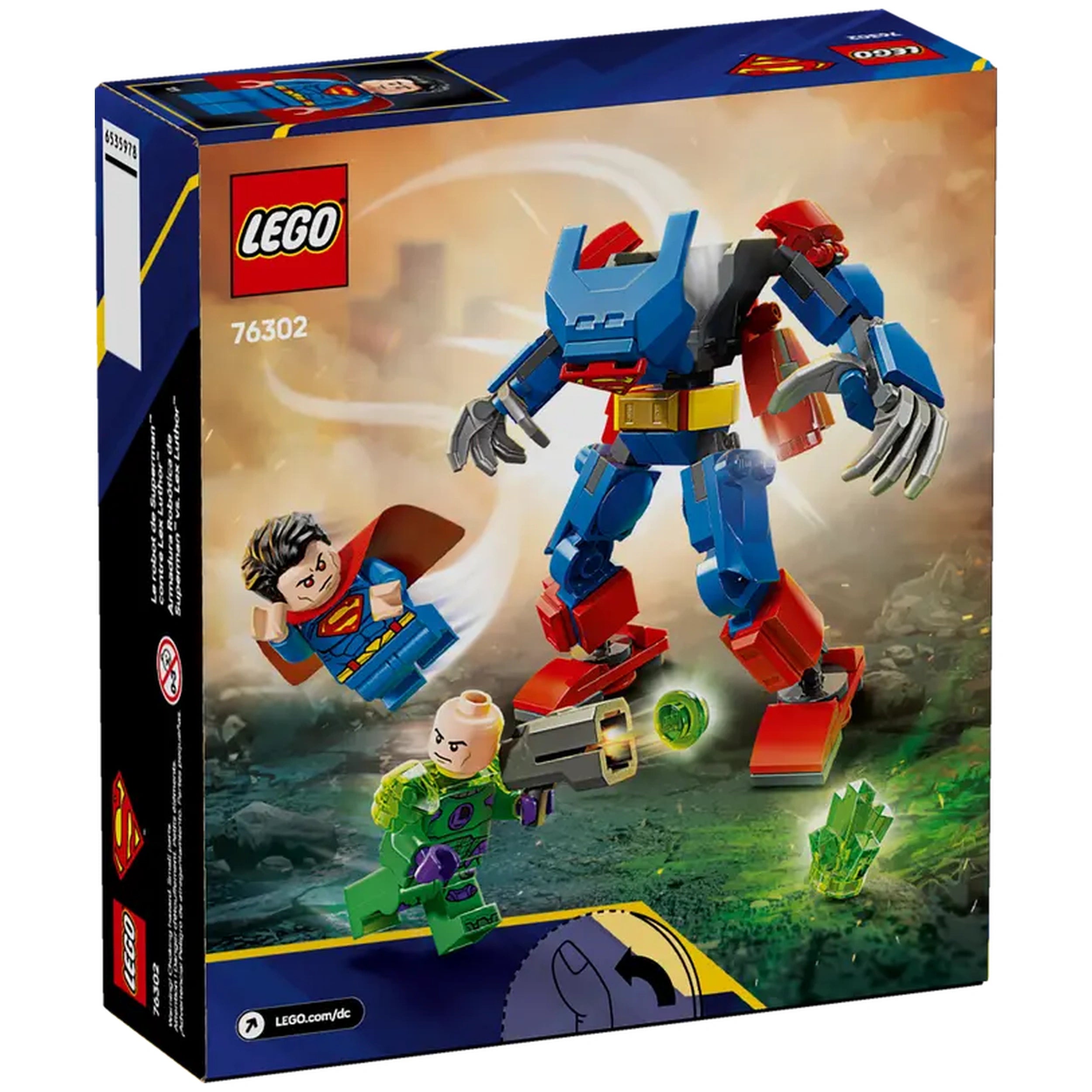 LEGO® DC Comics Super Heroes construction set featuring Superman and Lex Luthor. Superman in blue and red with a cape, Lex Luthor in green, both in action near a blue mech with vibrant details, set against a smoky background.