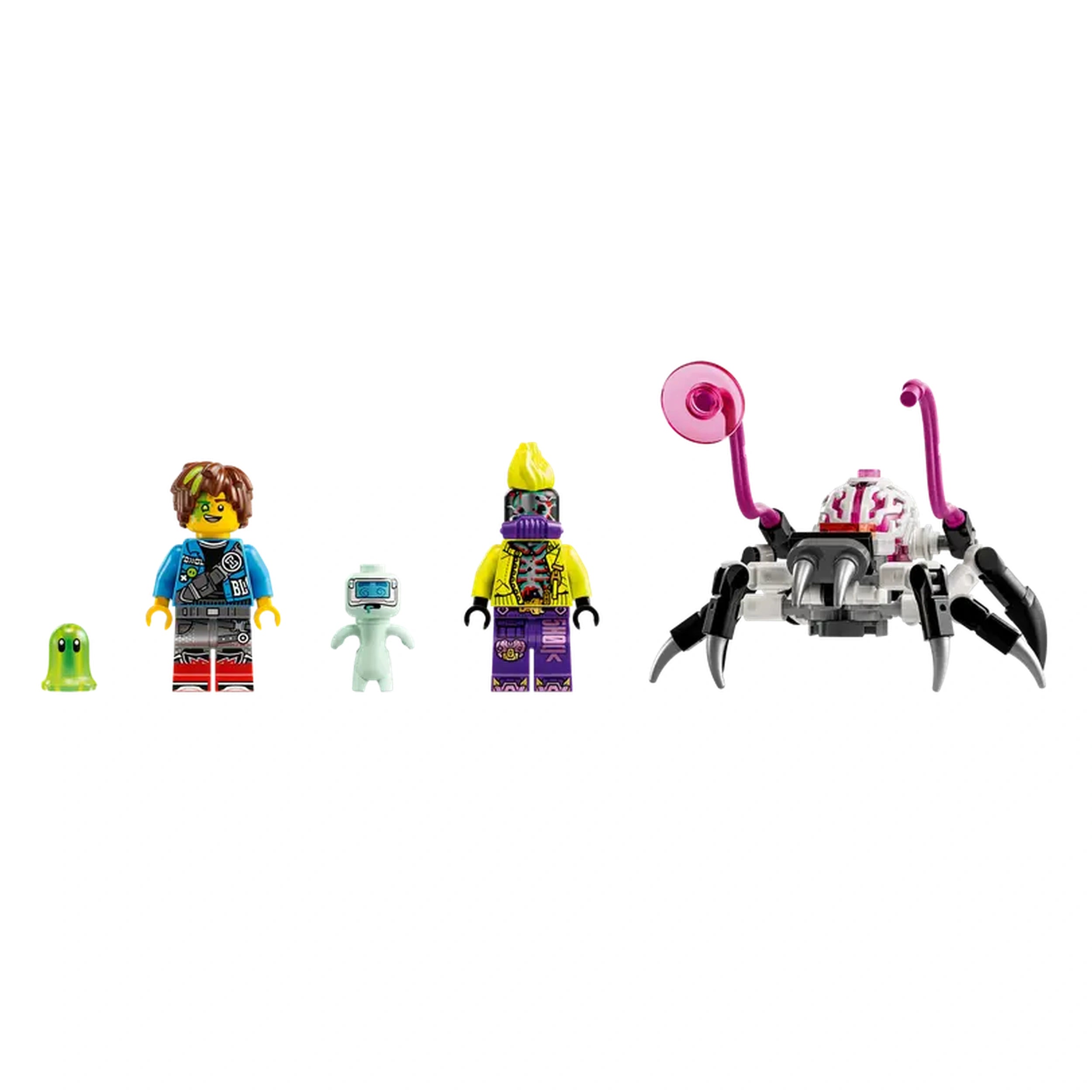 Colorful LEGO® minifigures and a cute green blob stand next to a robotic creature with pink features, ready for adventure.
