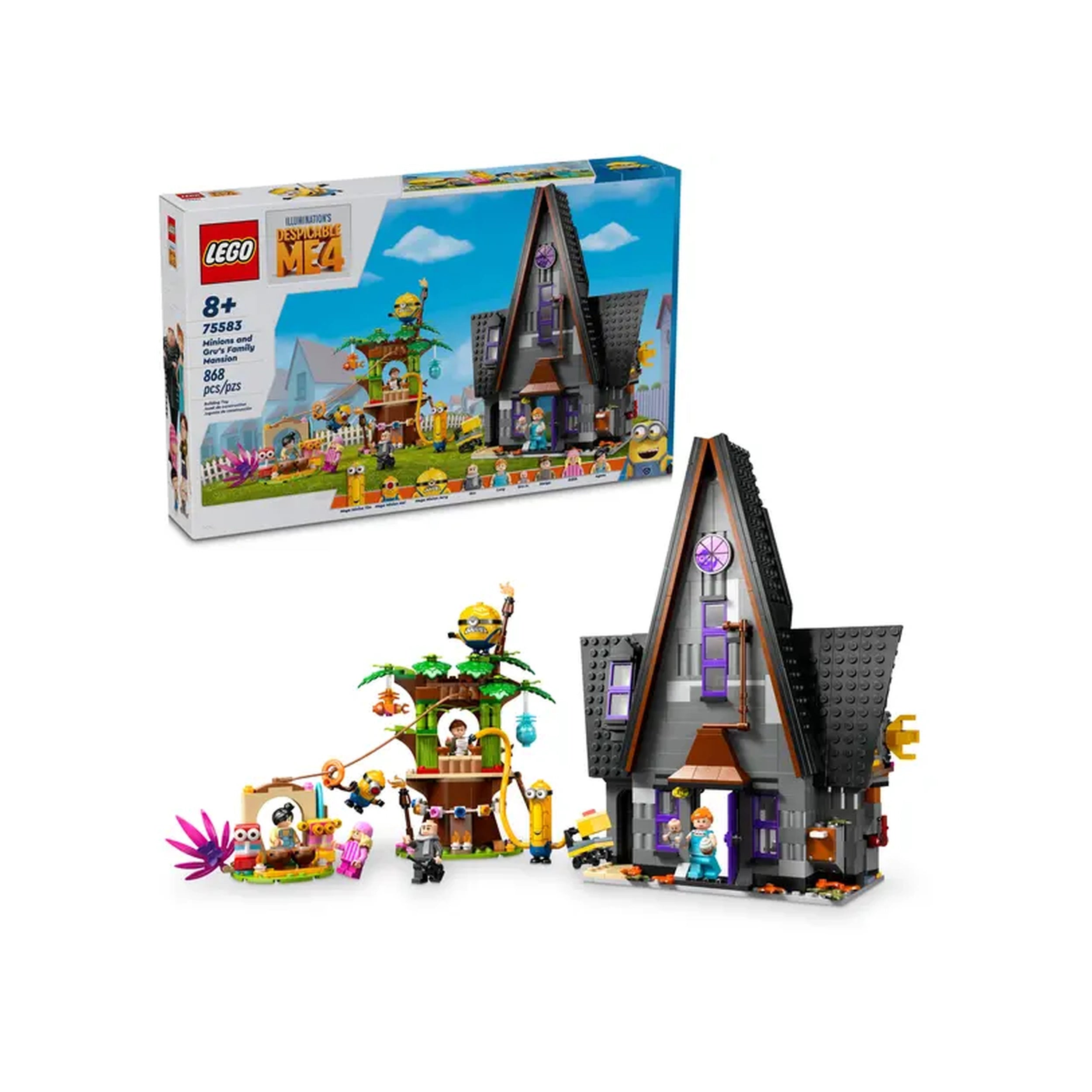 LEGO Despicable Me 4 construction set featuring Gru's Family Mansion, colorful Minions, and playful accessories, perfect for imaginative play.