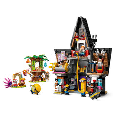 LEGO Despicable Me construction set featuring Gru's Family Mansion with colorful Minions, intricate details, and vibrant accessories, surrounded by playful trees and a playful Minion character.