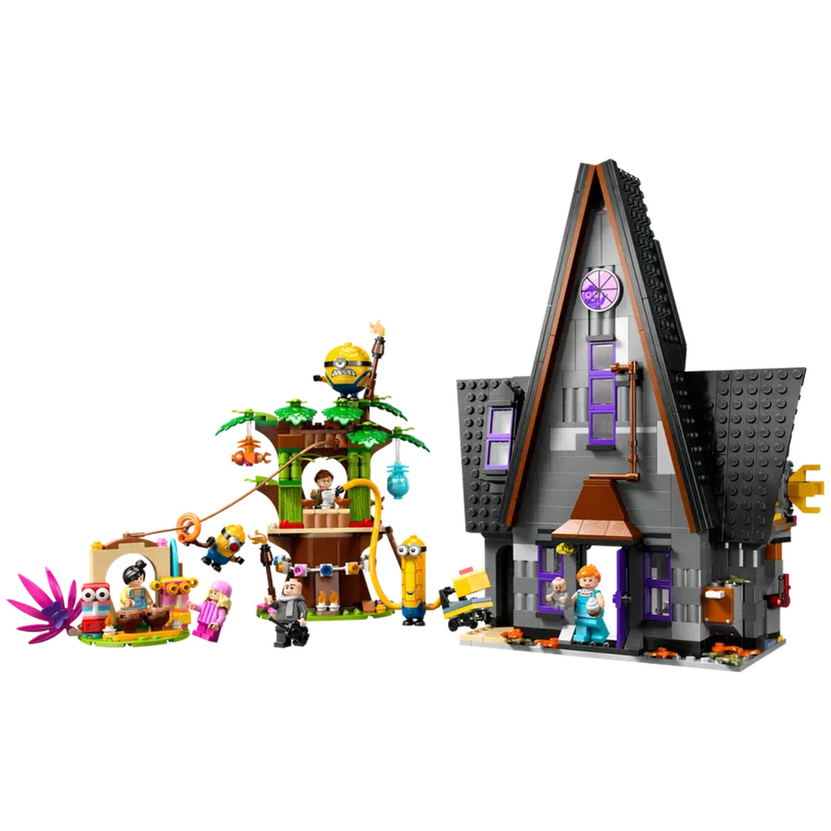 Construction set featuring Gru's family mansion in gray with purple accents, alongside a Minions treehouse play area. The set includes various Minion characters and accessories, with colorful elements including a pink plant and toys.