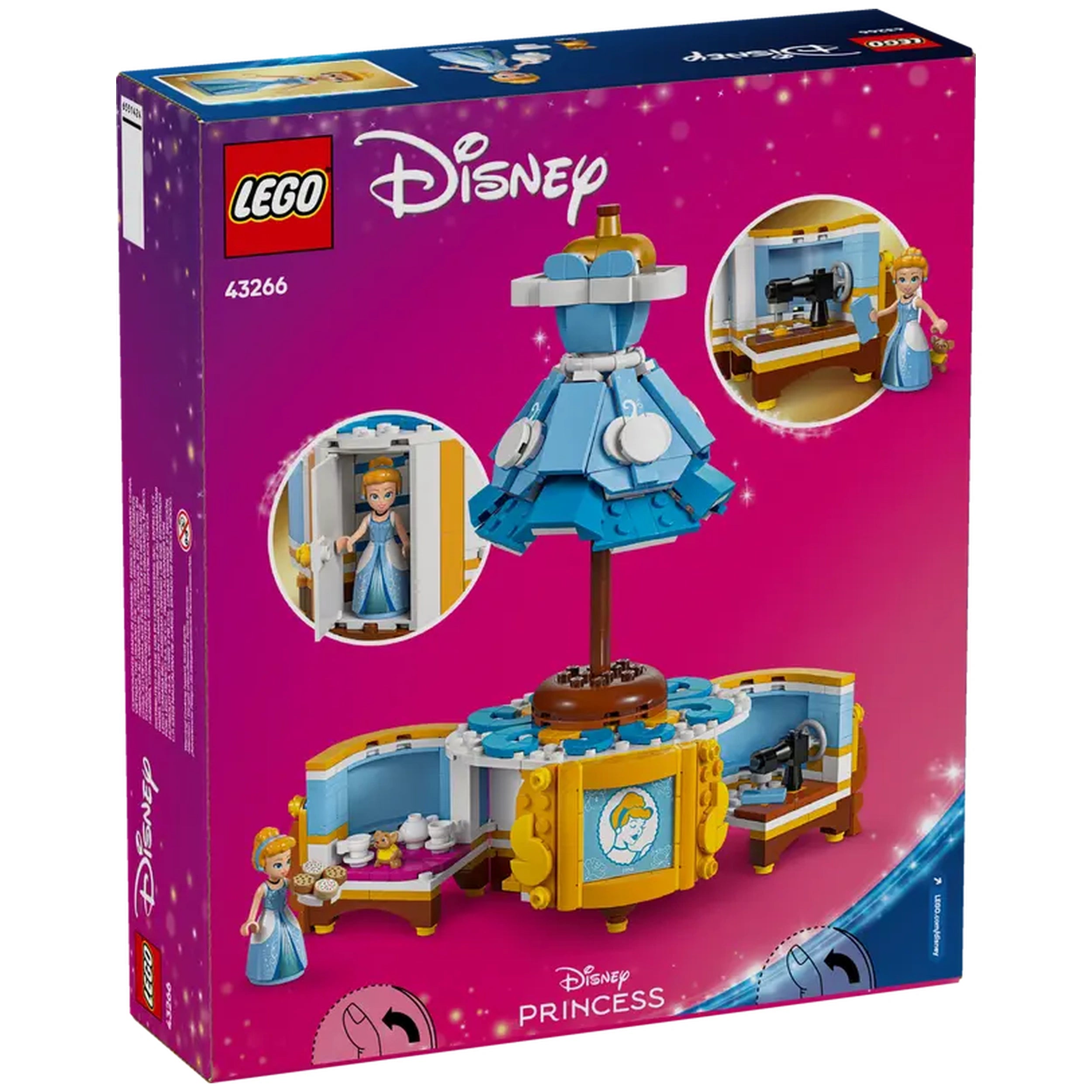 LEGO Disney Cinderella's Dress construction set box featuring a blue dress on a stand, Cinderella minidoll, and sewing machine details.