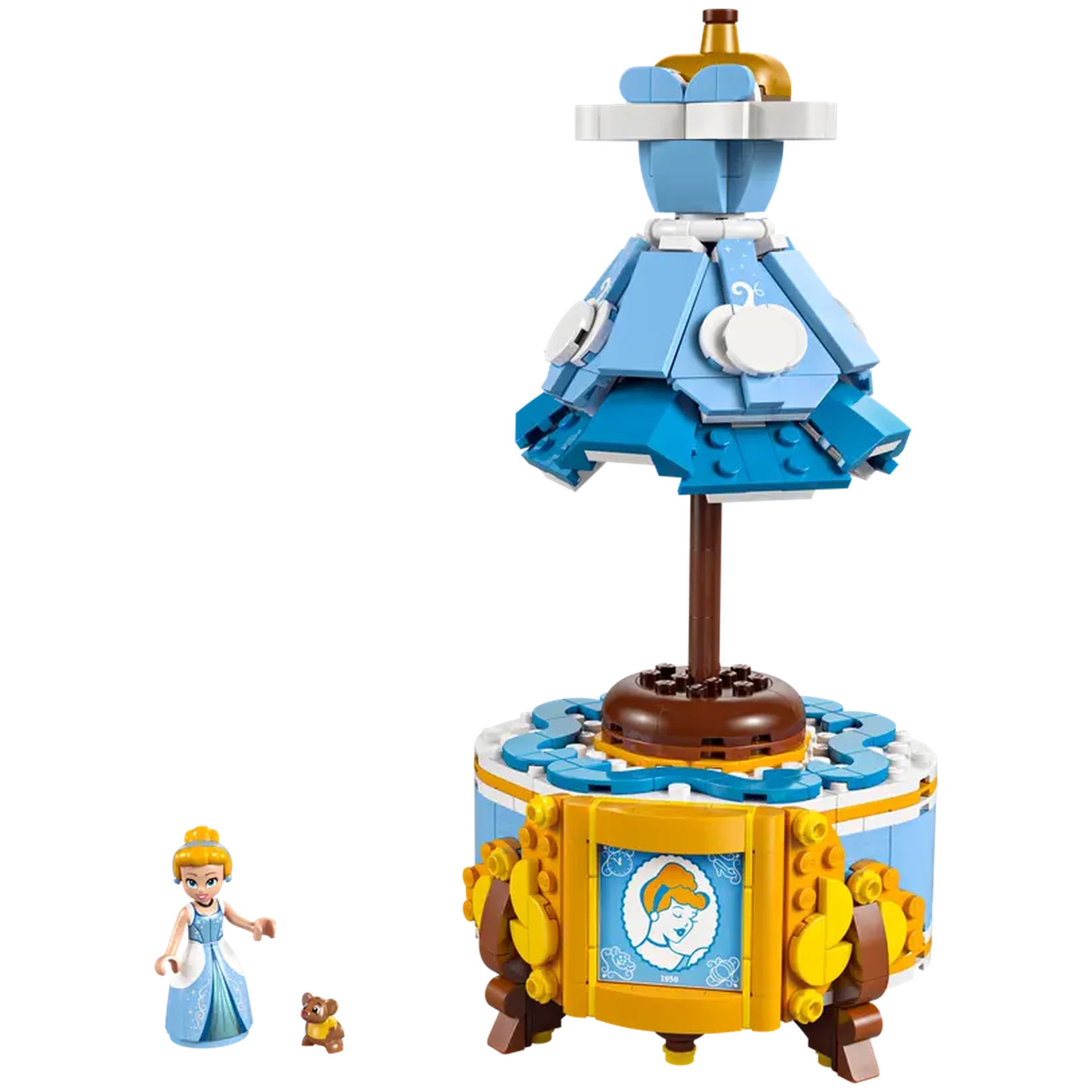 LEGO Disney Cinderella's dress construction set features an elegant blue dress on a stand with a golden crown, accompanied by a Cinderella minidoll and a small mouse figure.