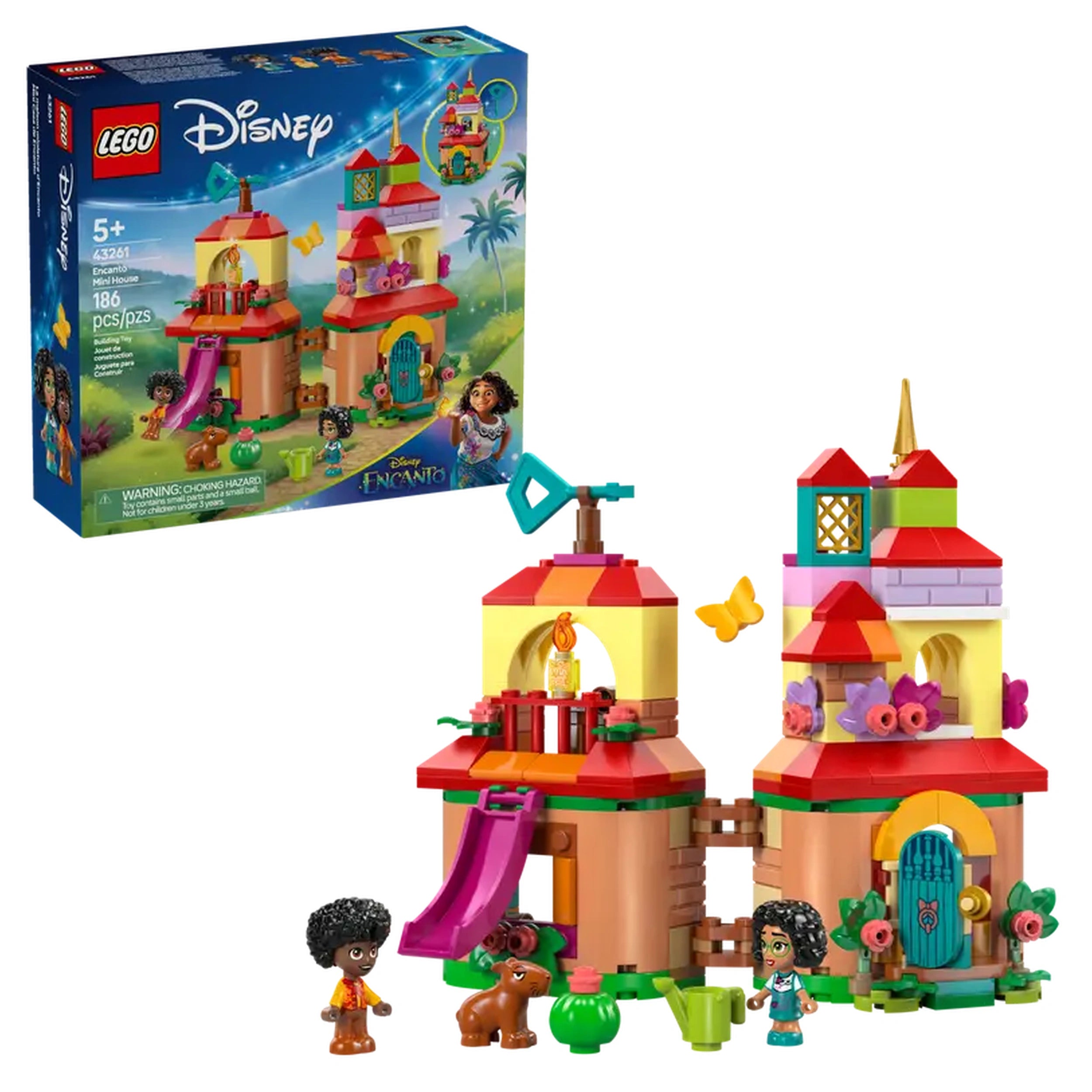 LEGO® Disney Encanto Mini House set featuring colorful building elements, a slide, and characters Mirabel and Antonio with a capybara.