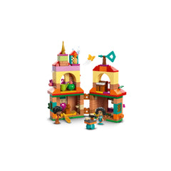 LEGO® Disney Encanto Mini House set featuring colorful brick structures, including two towers, a capybara figure, and characters Mirabel and Antonio, engaging in imaginative play.