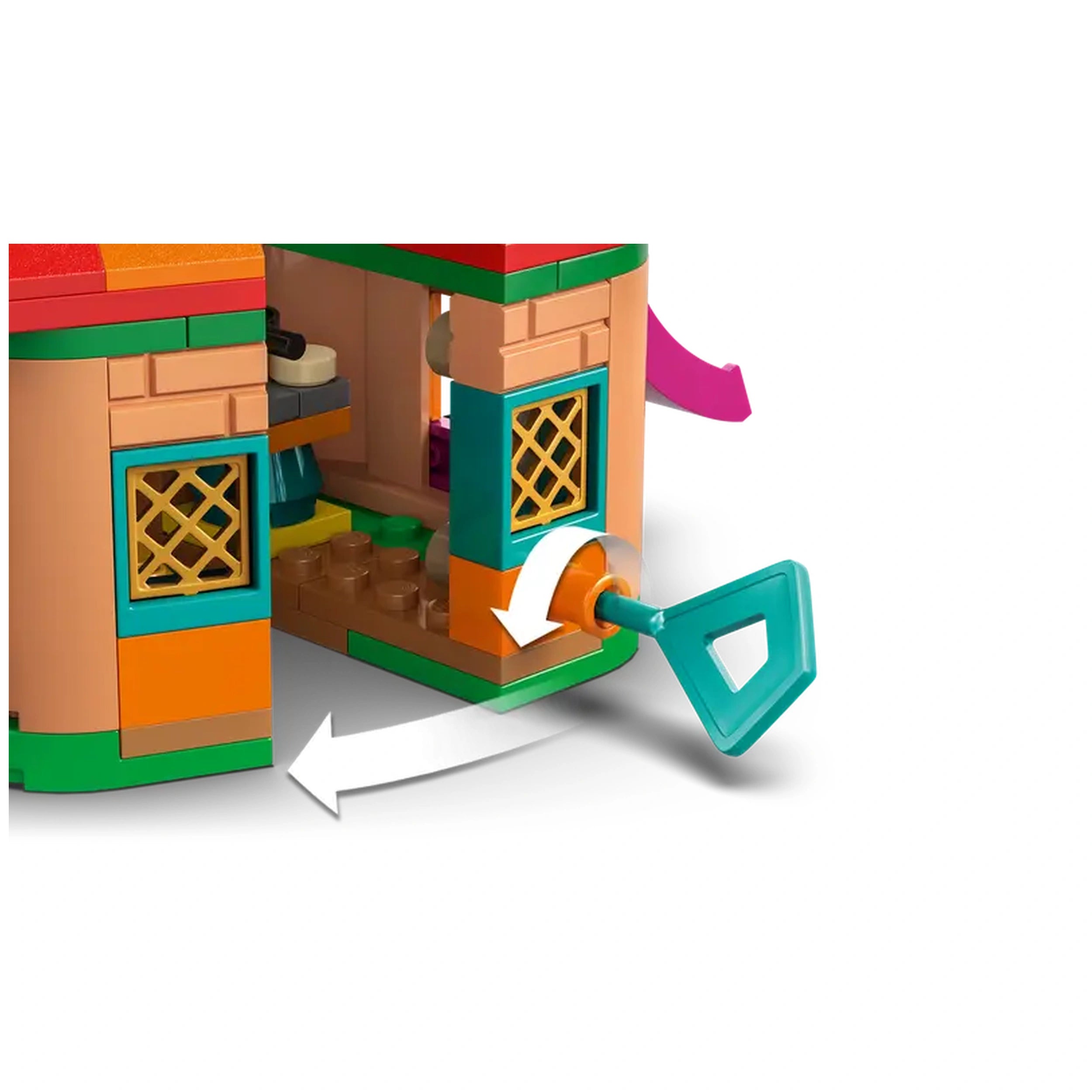 LEGO® Disney Encanto Mini House construction set showing a colorful building with windows and a revolving door handle, inviting imaginative play.