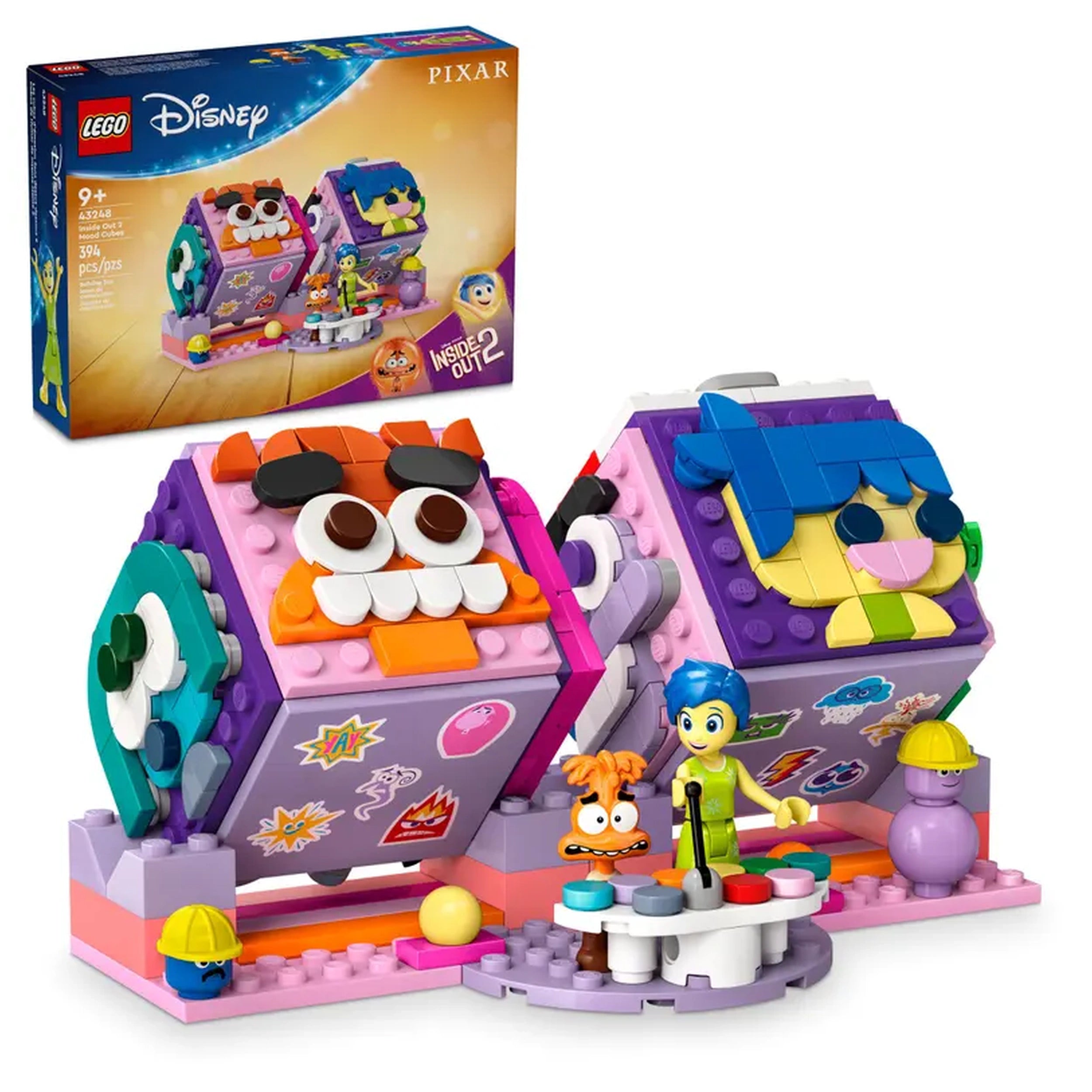 LEGO Disney Inside Out 2 Mood Cubes construction set featuring two colorful cubes with expressive faces, Joy and Anxiety mini-figures, and mood plates on a play table.