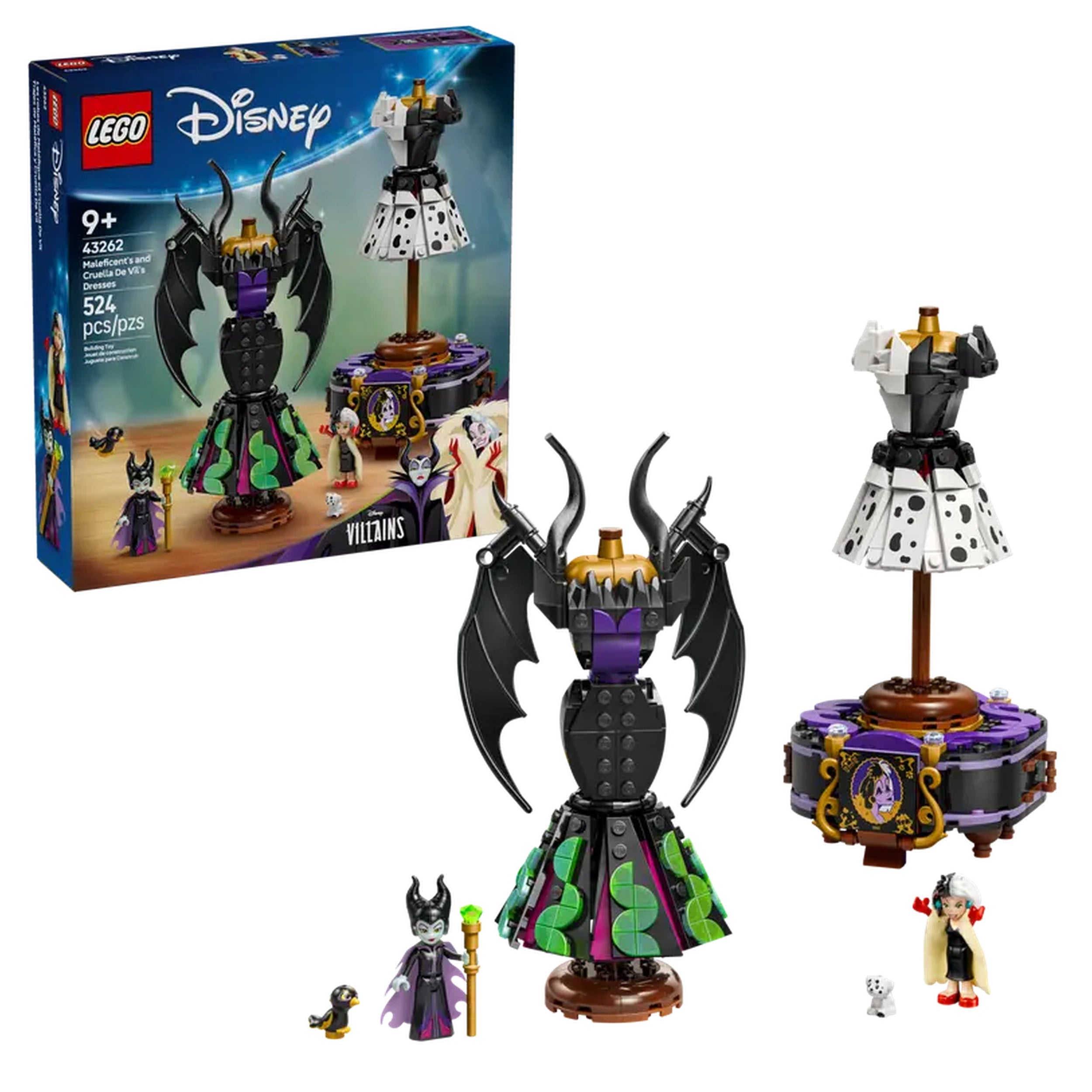 LEGO Disney construction set featuring Maleficent and Cruella De Vil's dresses on display stands, with minifigures and accessories.