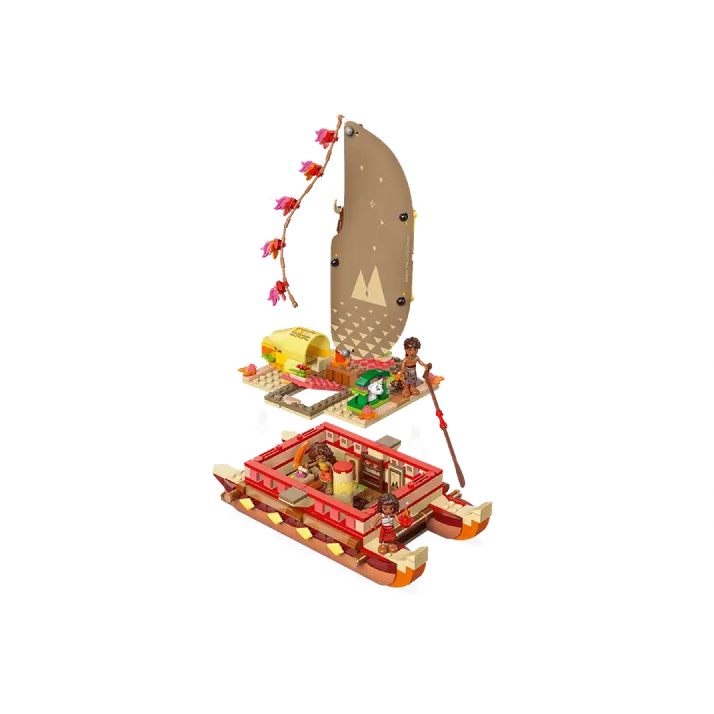 LEGO Disney Moana's Adventure Canoe set, featuring a vibrant double-hulled canoe with a printed sail, removable top deck, and two mini-figures exploring.