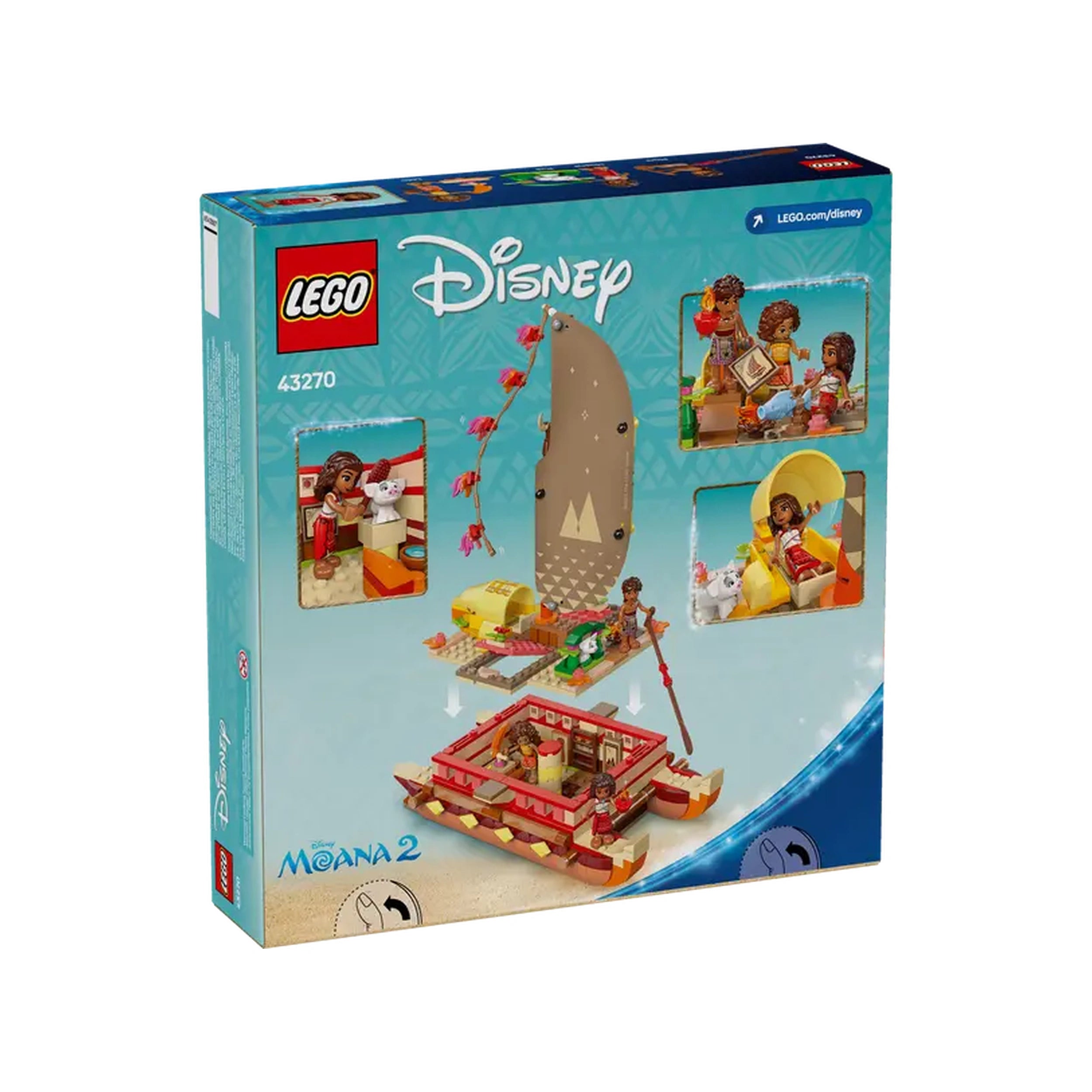 Lego Disney Moana's Adventure Canoe set box showcasing colorful sailboat design, characters, and play features for imaginative play.