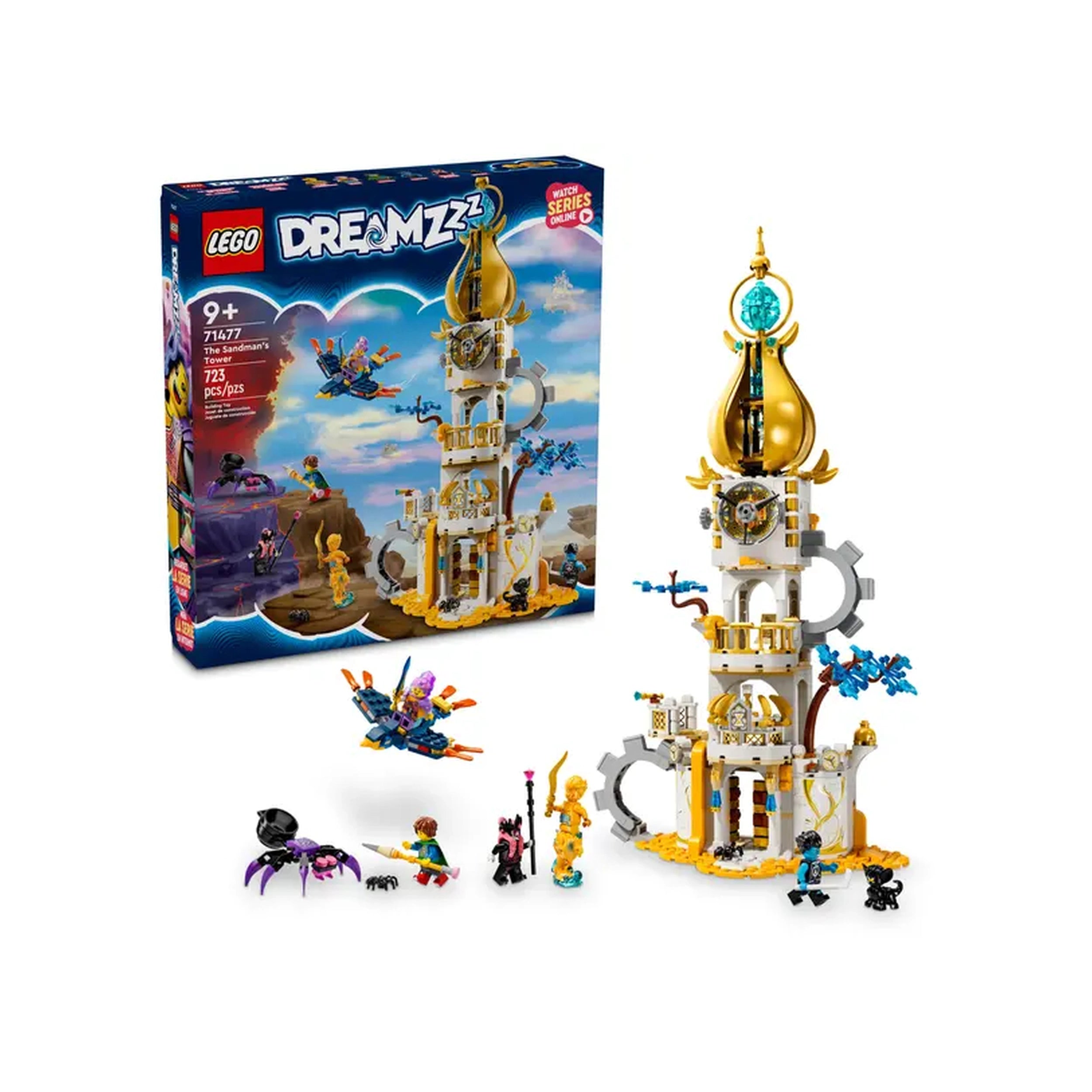 LEGO® DREAMZzz™ The Sandman's Tower construction set with a golden spire, surrounded by colorful minifigures and mystical creatures, showcasing creative play.