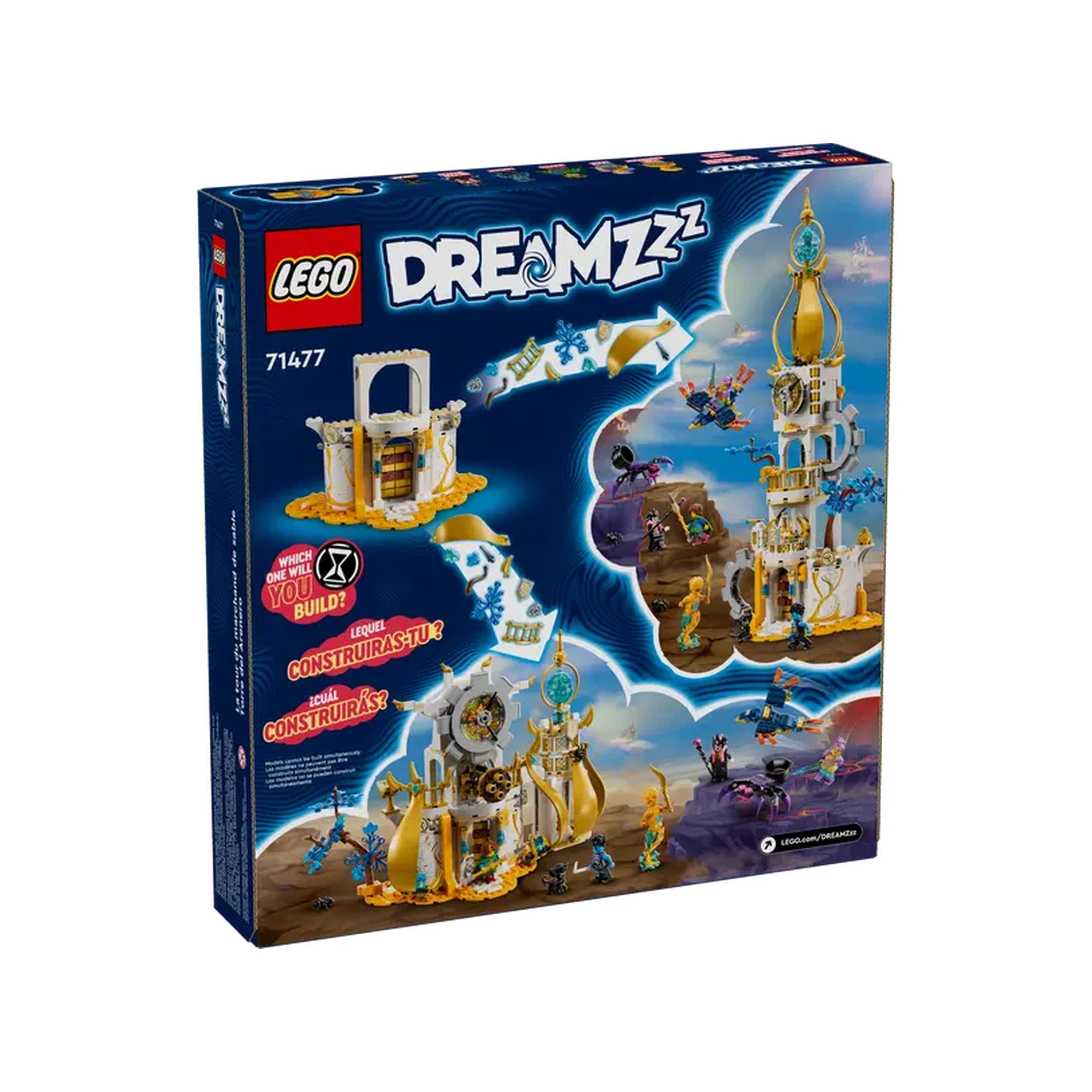 LEGO® DREAMZzz™ The Sandman's Tower set packaging showcasing a two-in-one design featuring an imposing fortress and an elegant tower. Colorful characters and elements float around a dreamlike background, inviting imaginative play.