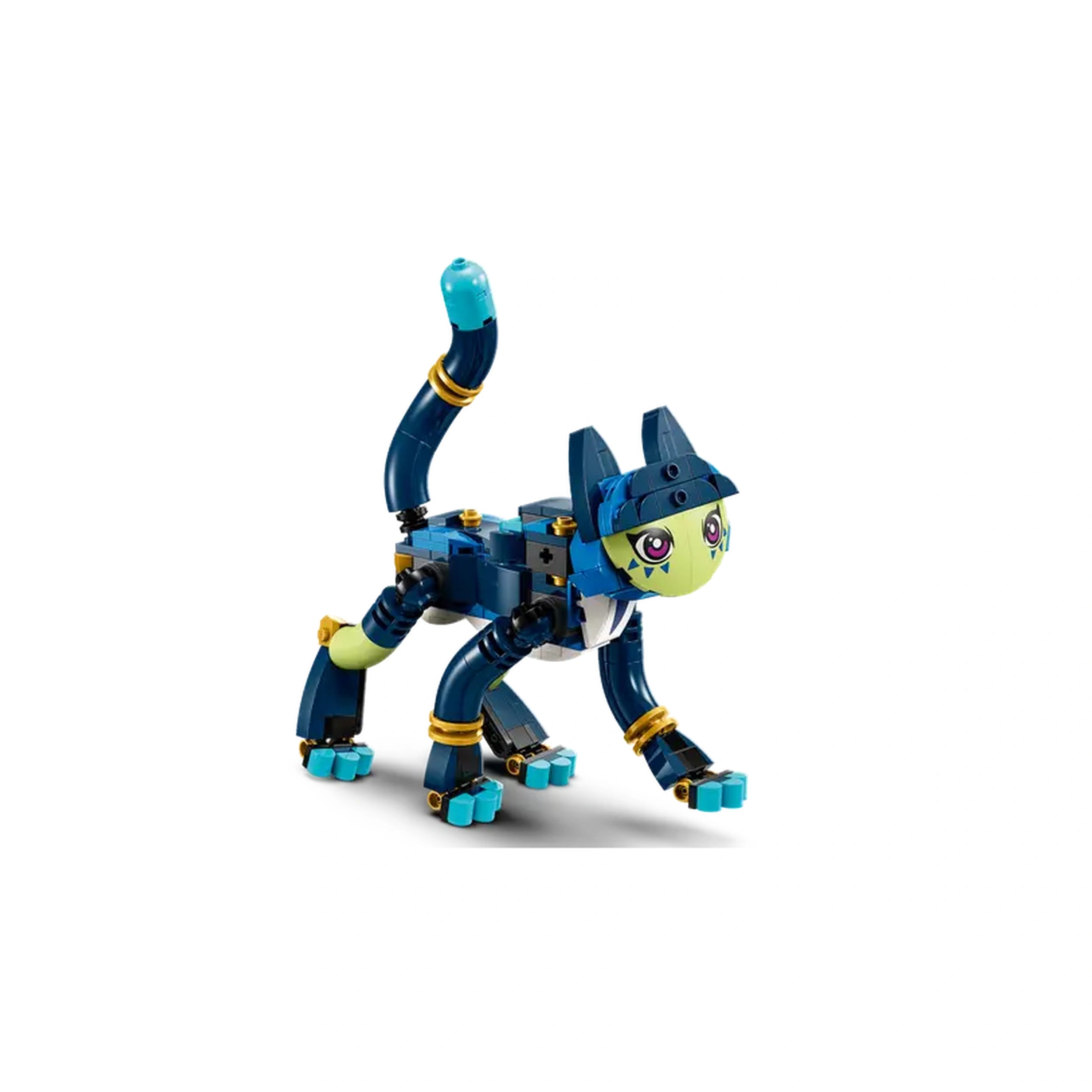Cat-Owl toy from LEGO® DREAMZzz™ in blue and green, featuring playful eyes, a flexible body, and a detailed design.