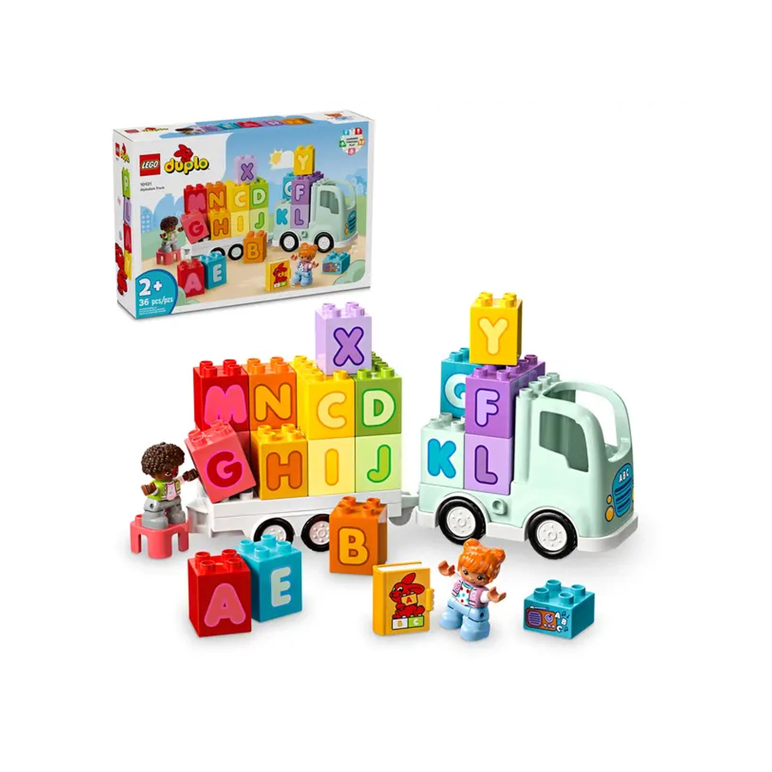 LEGO® DUPLO® Alphabet Truck set featuring a colorful truck and trailer loaded with large ABC bricks, surrounded by two playful figures.
