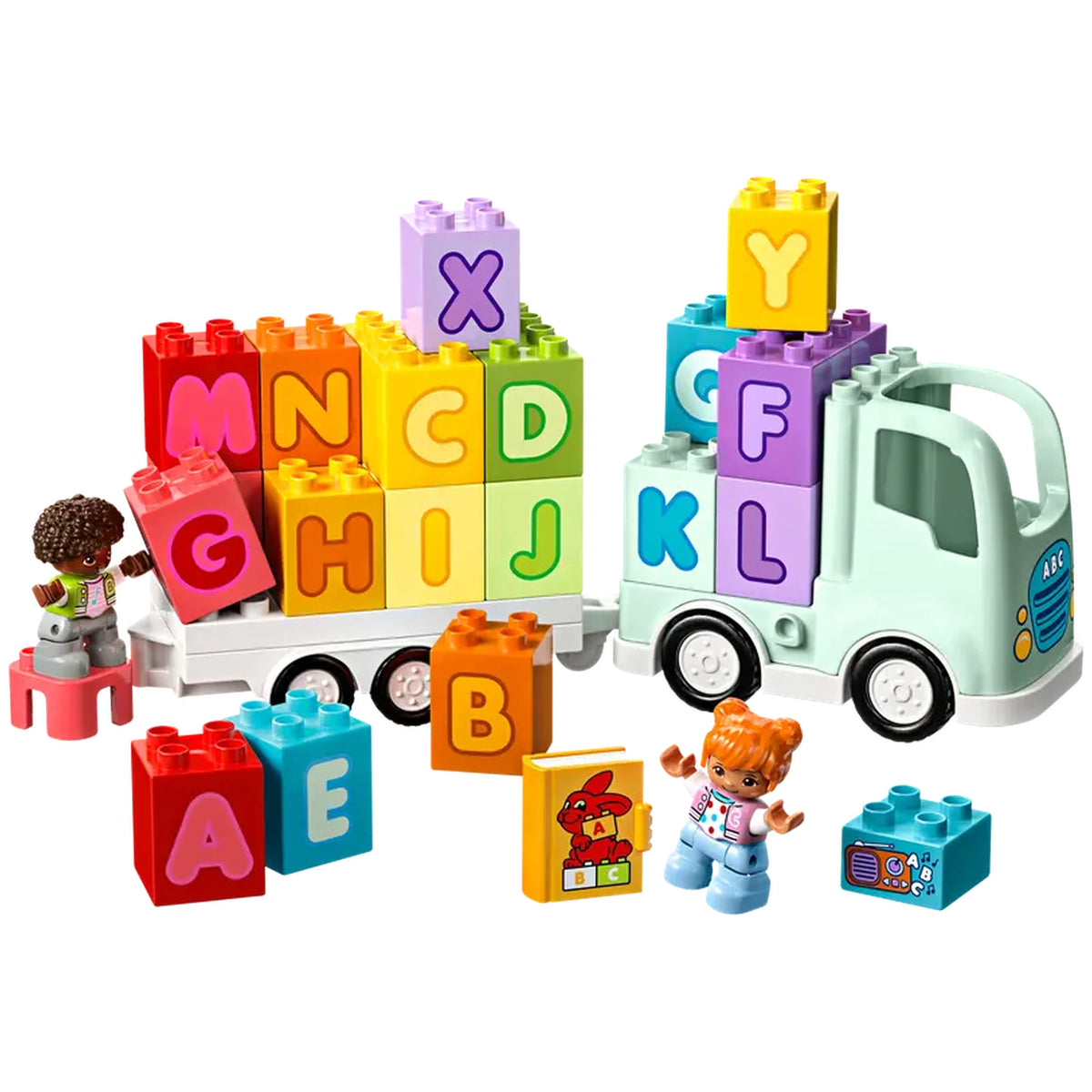 Colorful LEGO® DUPLO® Alphabet Truck construction set featuring a drivable truck, detachable trailer, and 26 large ABC bricks, with two toddler figures engaging in creative play.