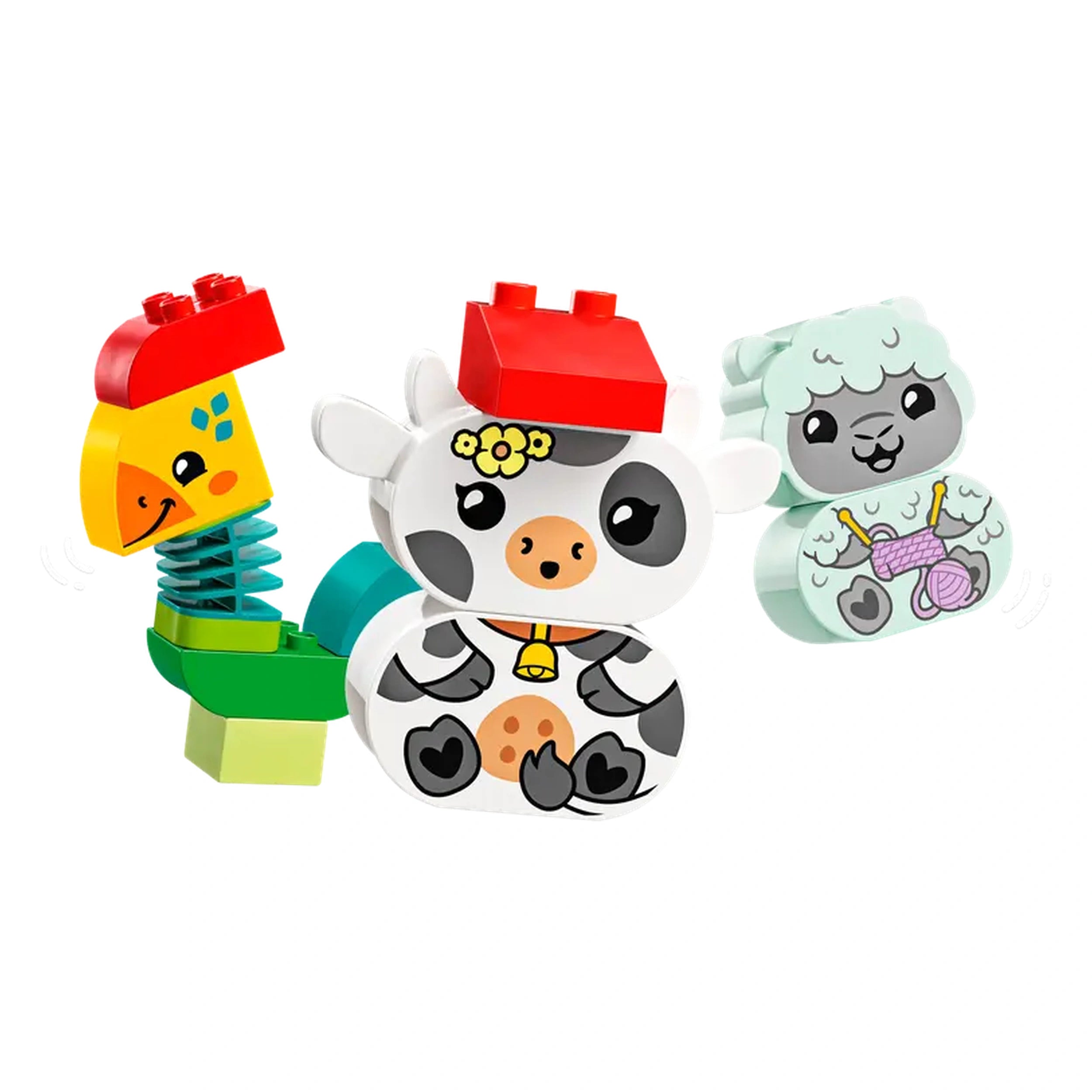 Colorful LEGO® DUPLO® animal figures including a cheerful cow, a playful rooster, and a cute lamb, all designed for toddlers.