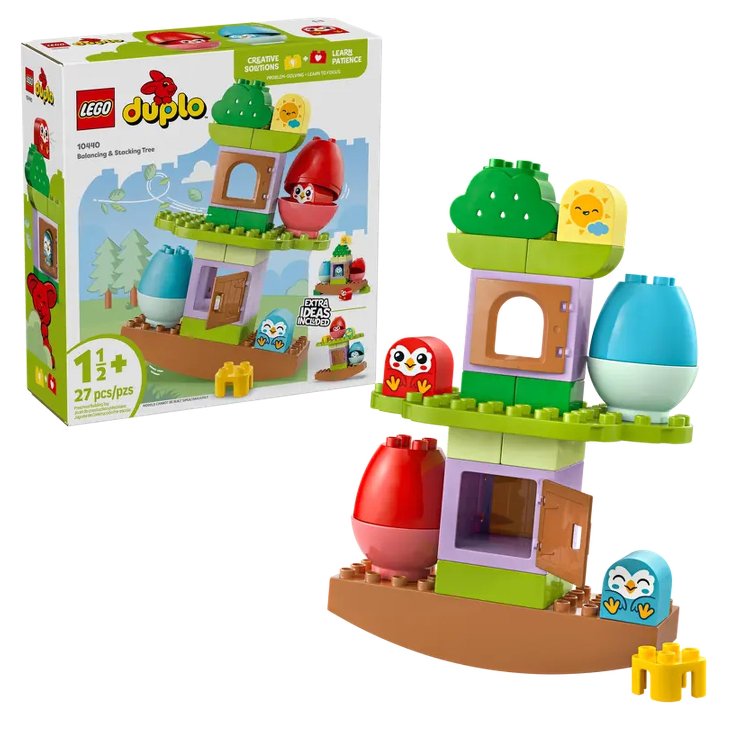 Colorful LEGO® DUPLO® Balancing & Stacking Tree set featuring owl figures, bright eggs, and a charming tree house on a brown base, with the packaging displayed in the background.