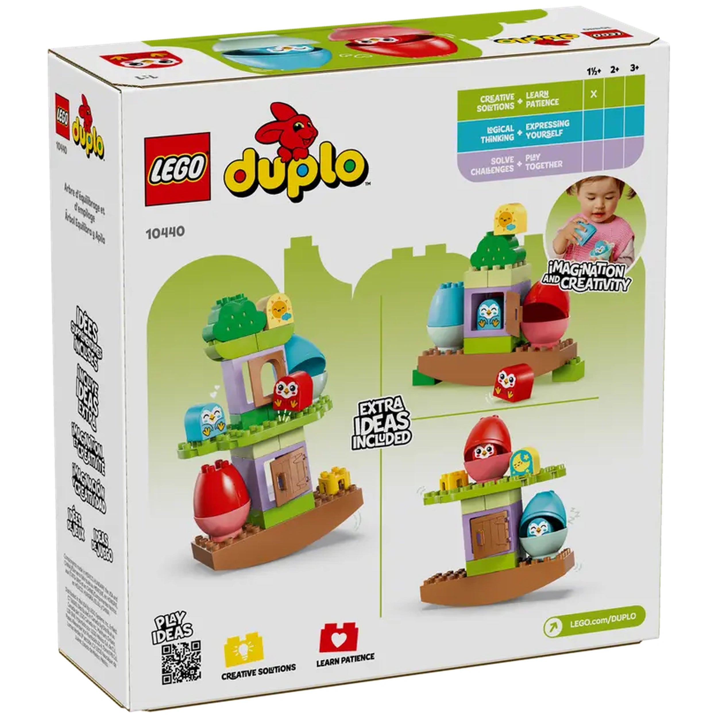 Colorful LEGO® DUPLO® Balancing & Stacking Tree construction set, featuring adorable owl figures and a charming tree house design, promoting creativity and learning for toddlers aged 18 months and up.