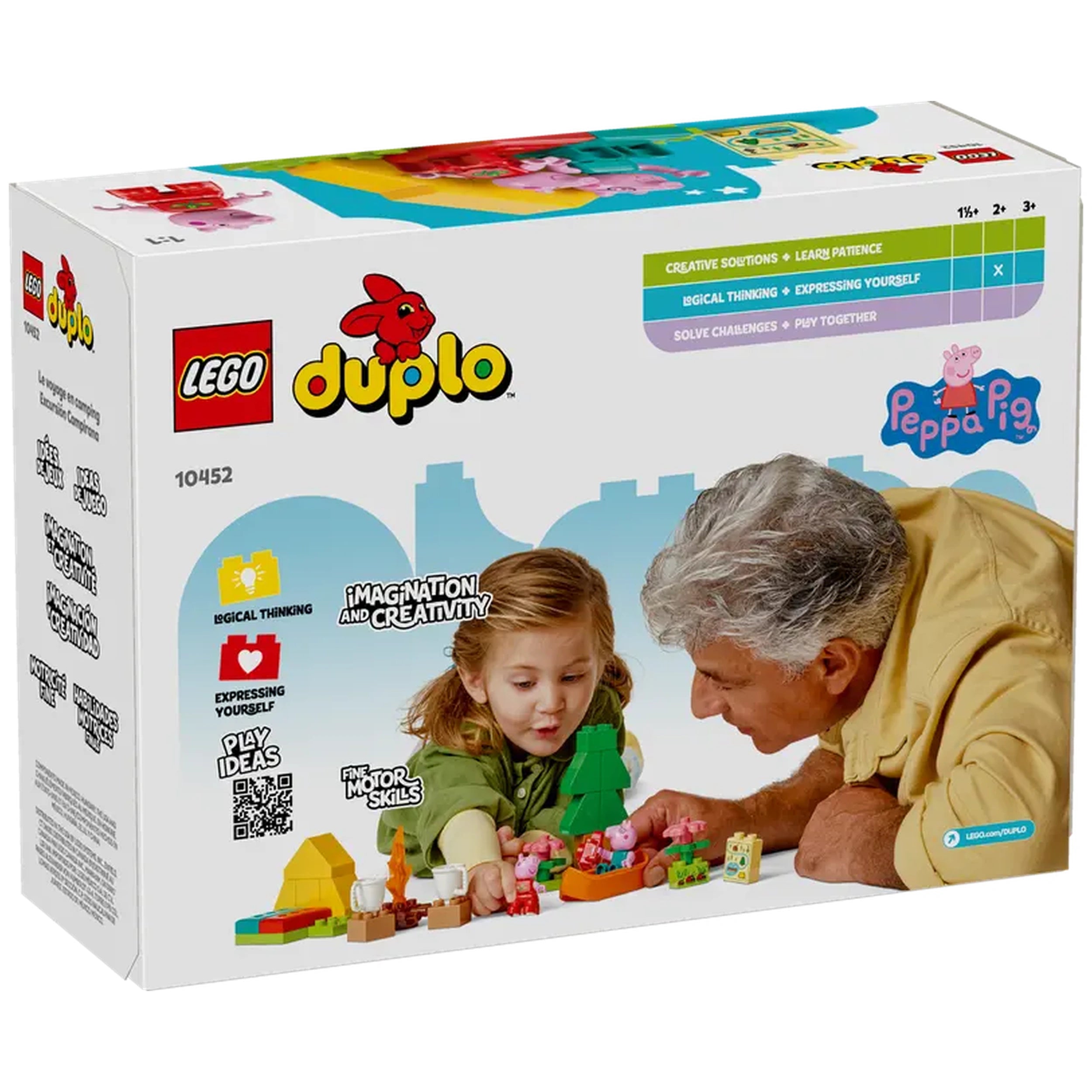 LEGO® DUPLO® Camping Trip set packaging featuring a joyful child and adult building with colorful blocks, including Peppa Pig figures and camping accessories.
