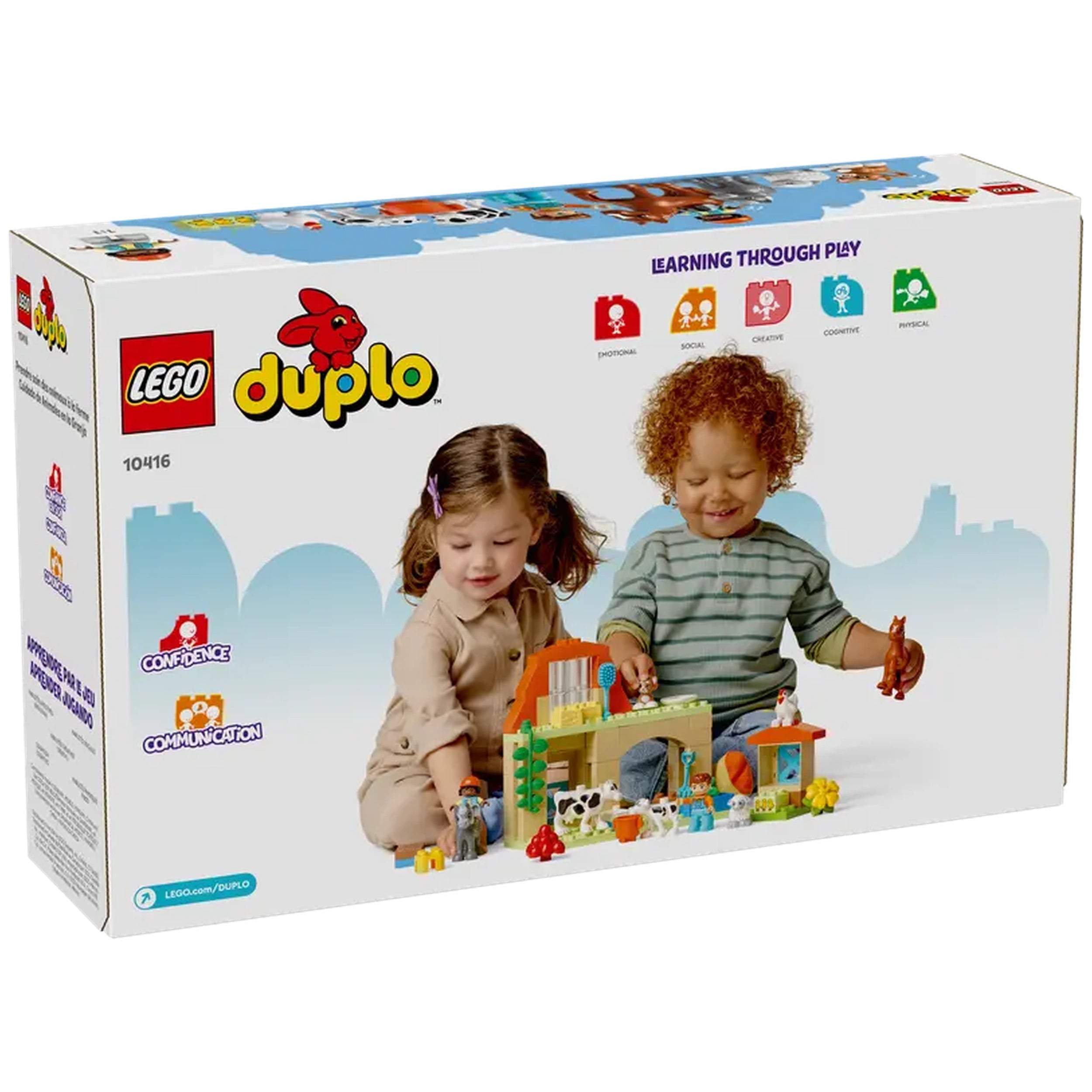 Two children joyfully exploring the LEGO® DUPLO® Caring for Animals at the Farm set, featuring colorful farm elements and animal figures.