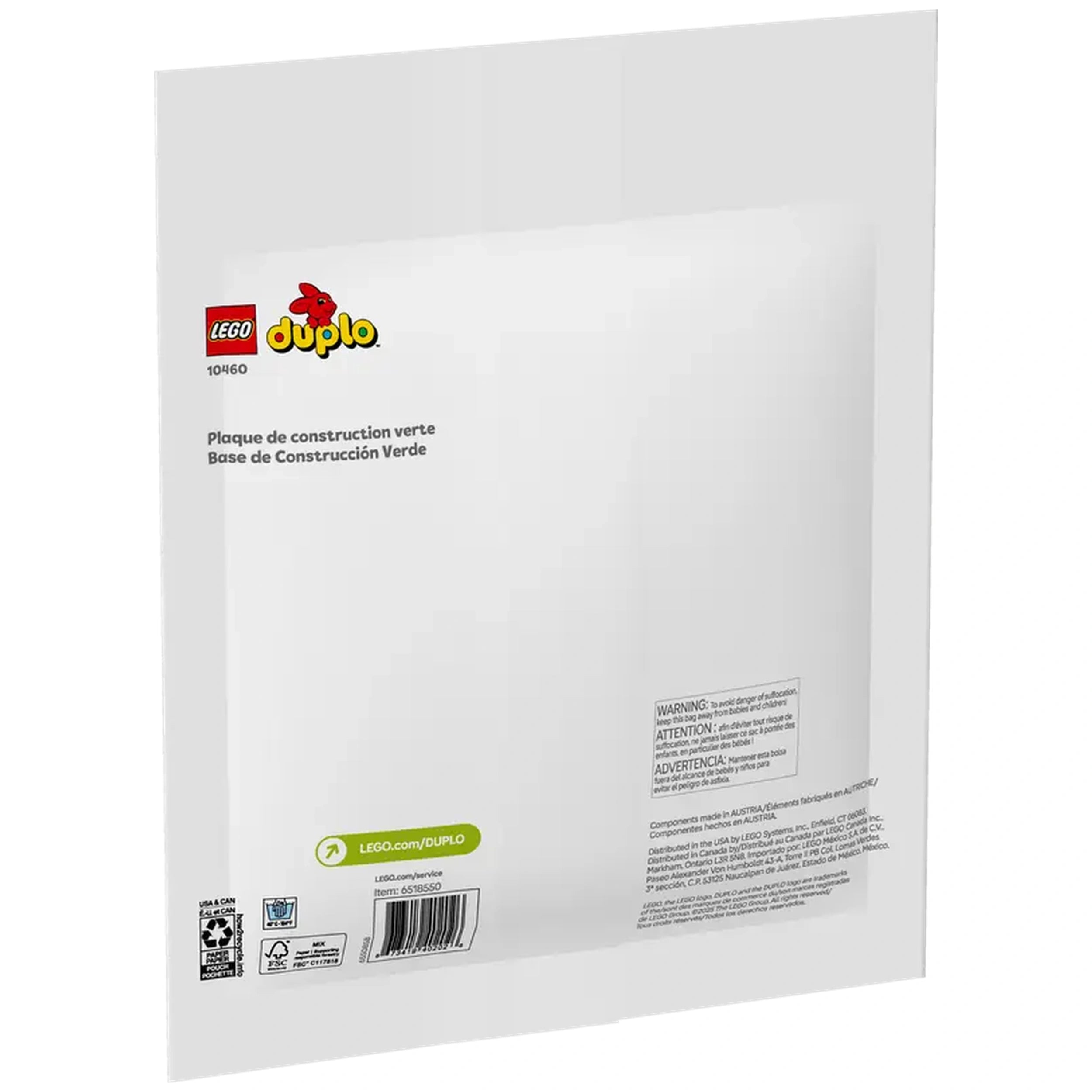 LEGO® DUPLO® Green Building Plate, measuring 16x16 studs, packaged in a white backing with branding and product details, ideal for creative play.