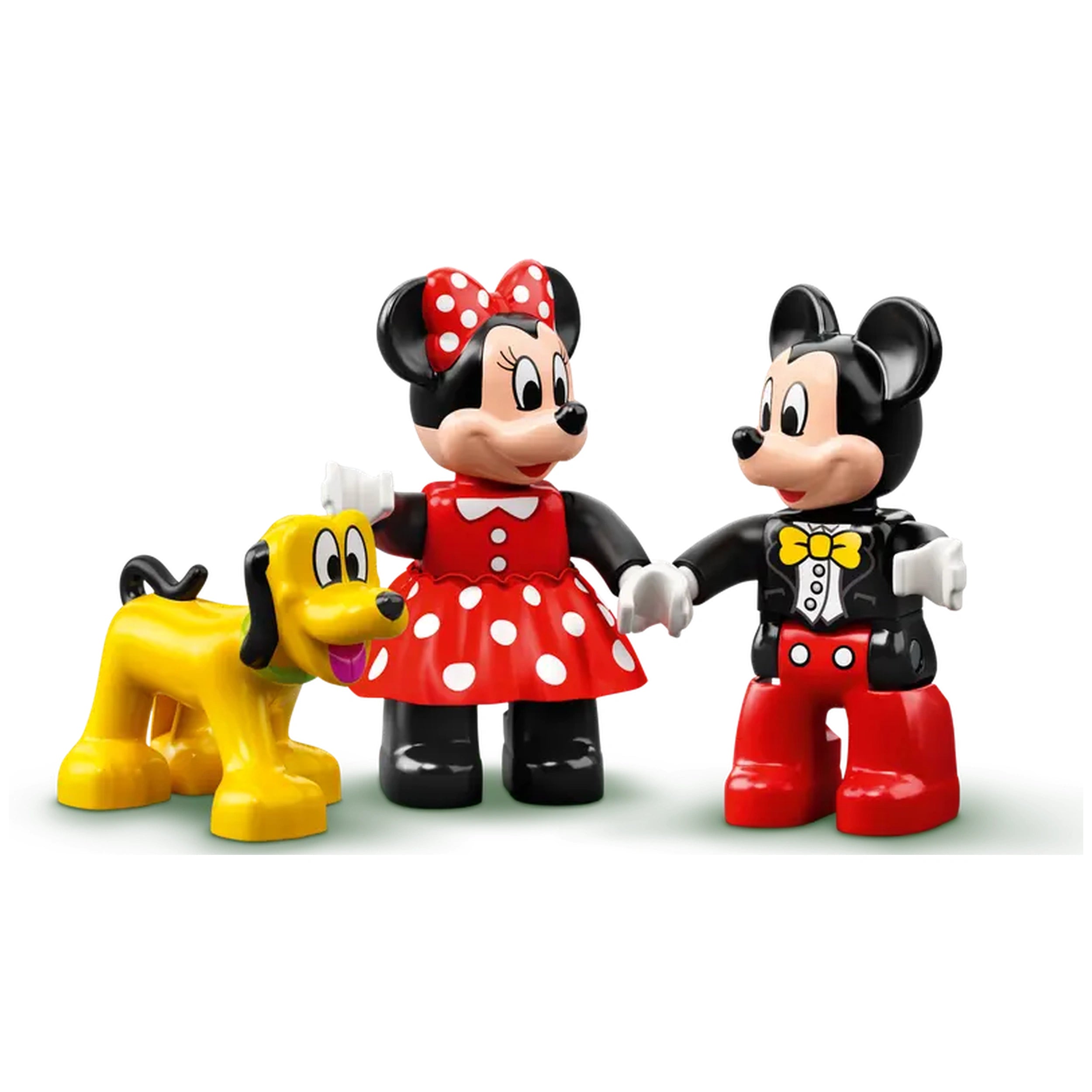 Mickey Mouse and Minnie Mouse figures in colorful outfits hold hands, accompanied by a cheerful yellow Pluto dog figure, all set against a plain background.