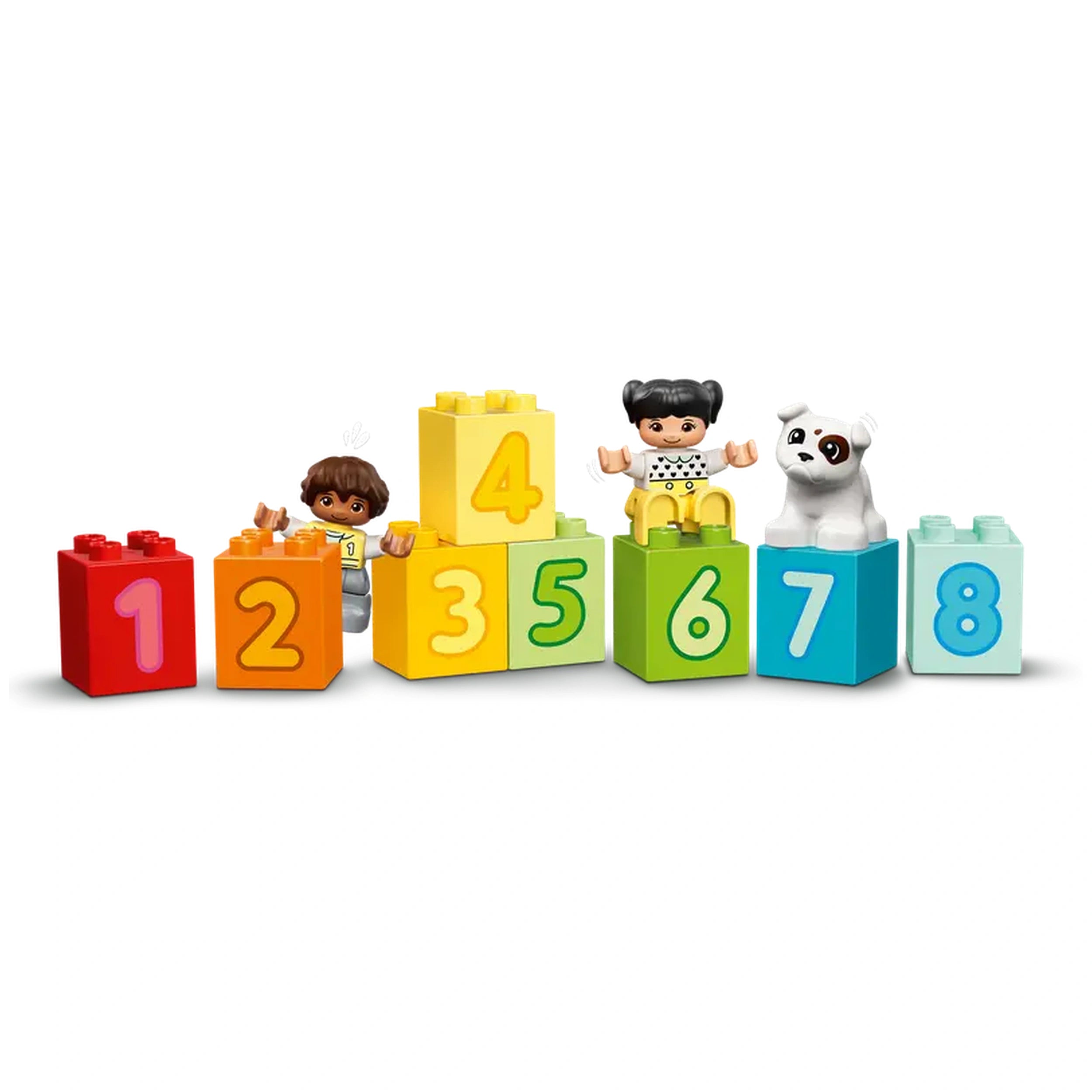 Colorful LEGO DUPLO number blocks 1 to 8, with figures of a boy and girl, plus a dog, promoting counting and imaginative play.