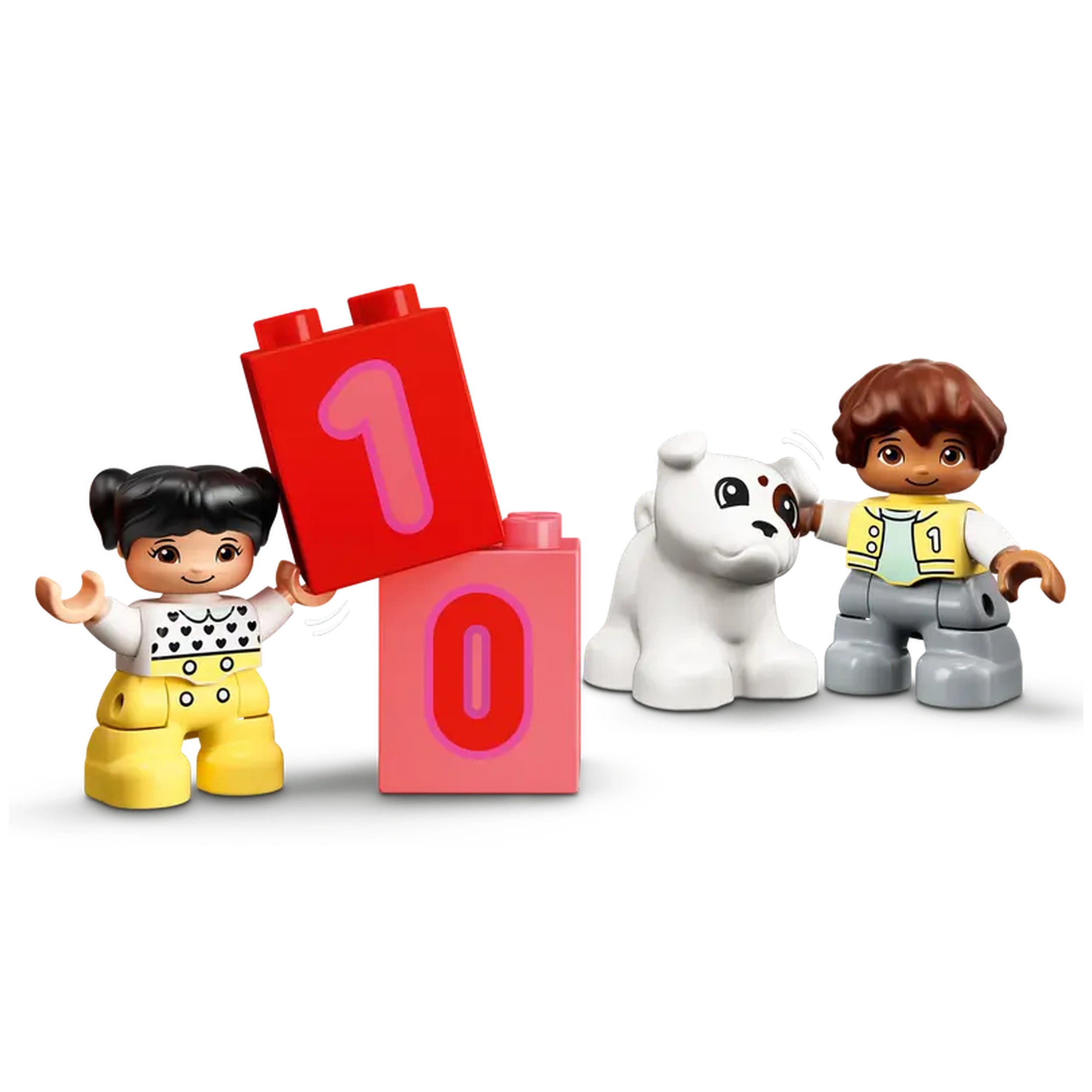 Two children play with colorful LEGO DUPLO number blocks, featuring the numbers 0 and 1, alongside a small white dog.