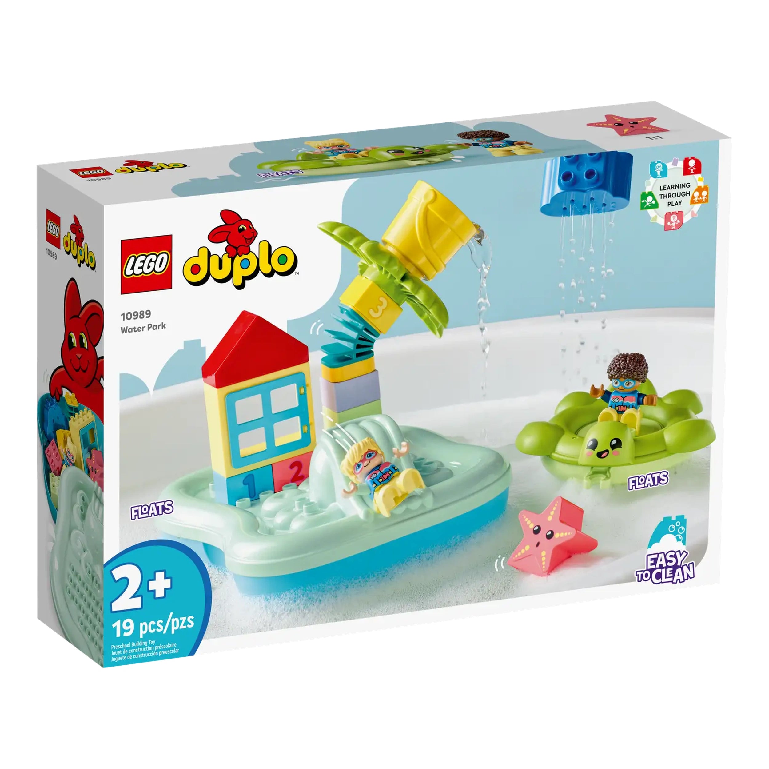 LEGO® DUPLO® Town Water Park set features a colorful water park scene with a palm tree, a water slide, and play figures splashing around in water, perfect for toddlers.