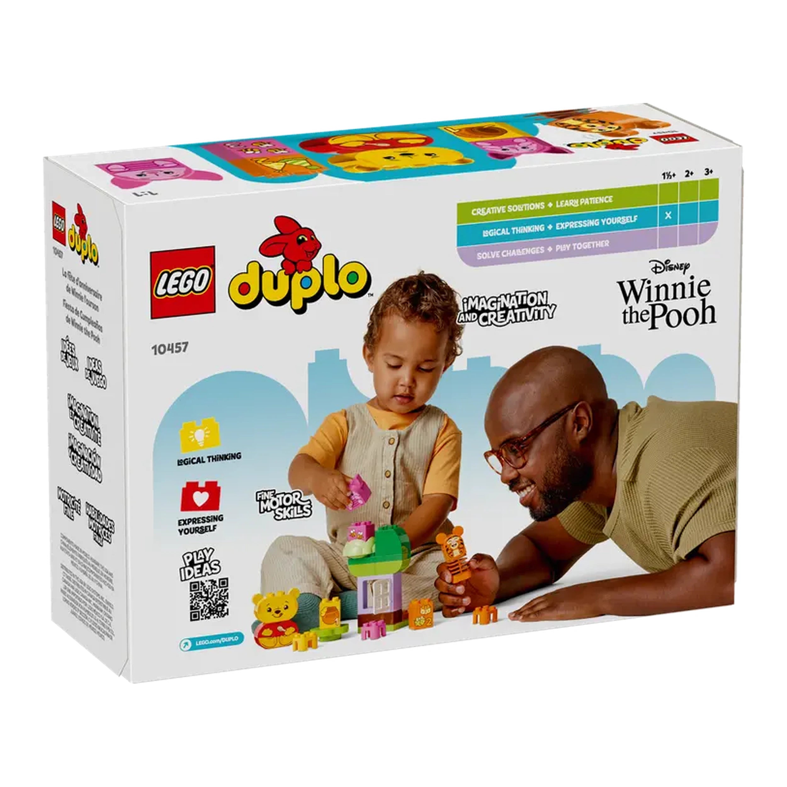 A joyful toddler and an adult man play together with a LEGO® DUPLO® set featuring Winnie the Pooh characters. They build colorful structures that foster creativity and learning.
