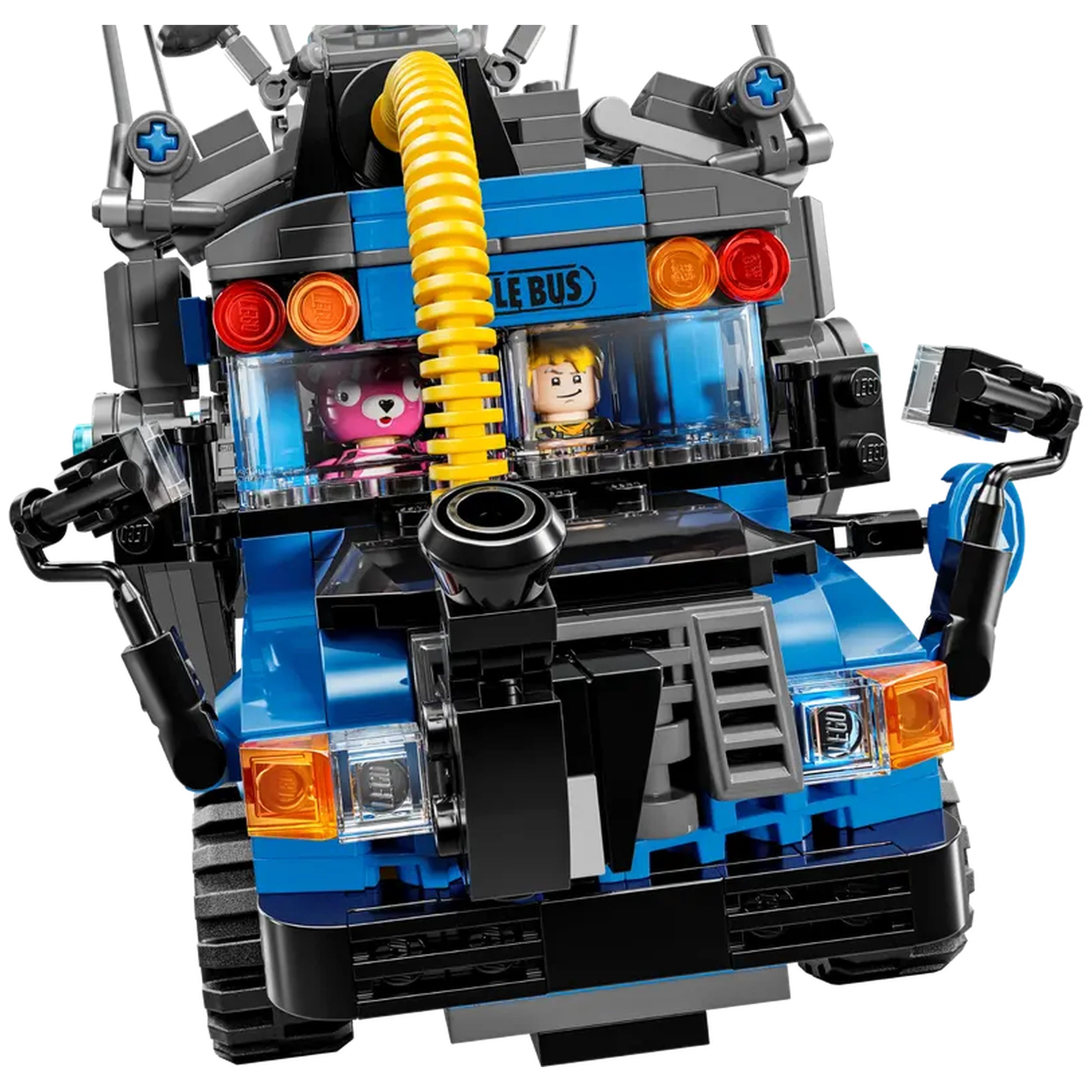 LEGO Fortnite Battle Bus construction set featuring a blue vehicle with rolling wheels, two mini-figures inside, and a vibrant yellow hose.