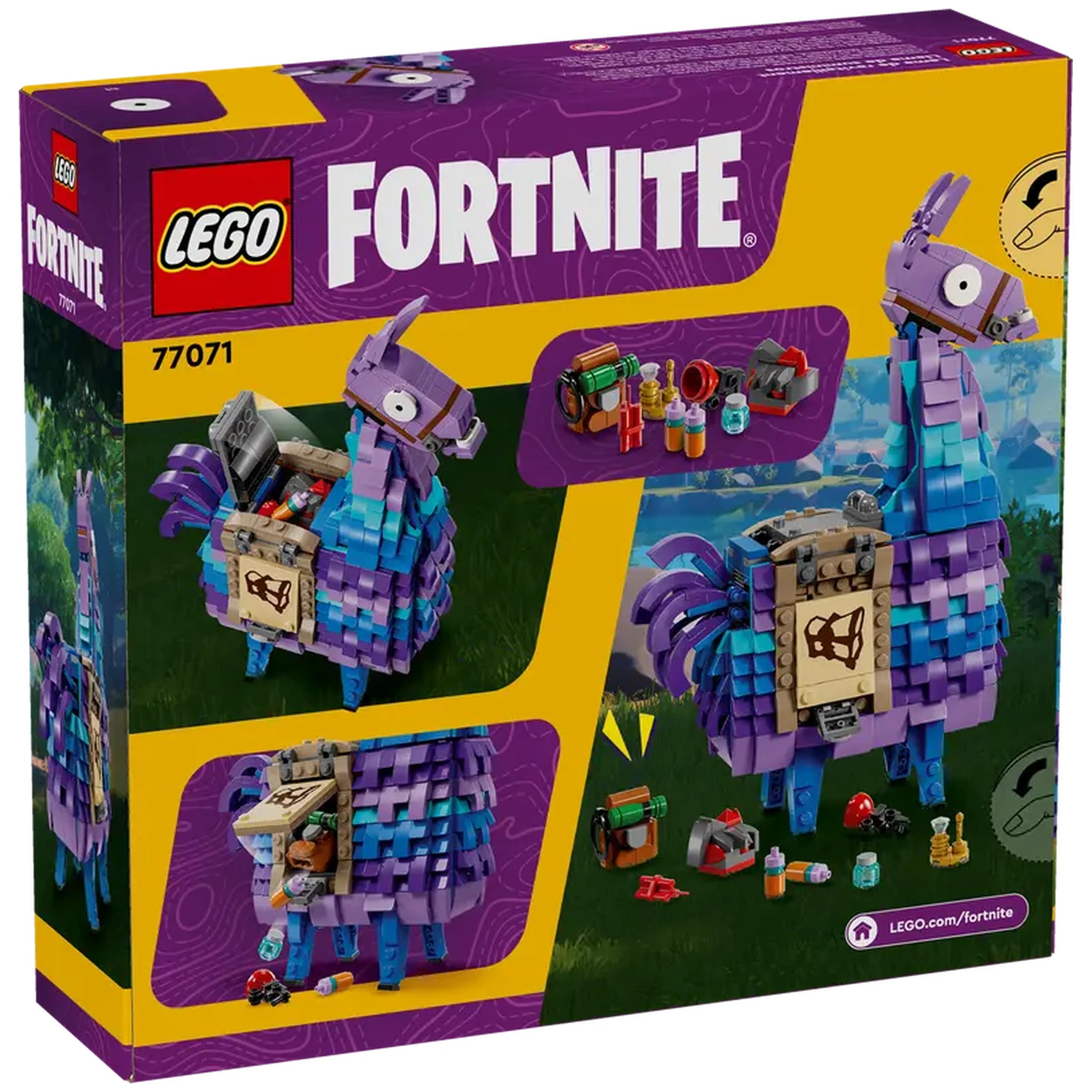 Purple LEGO Fortnite Supply Llama construction set box featuring the character and various game accessories against a green background.