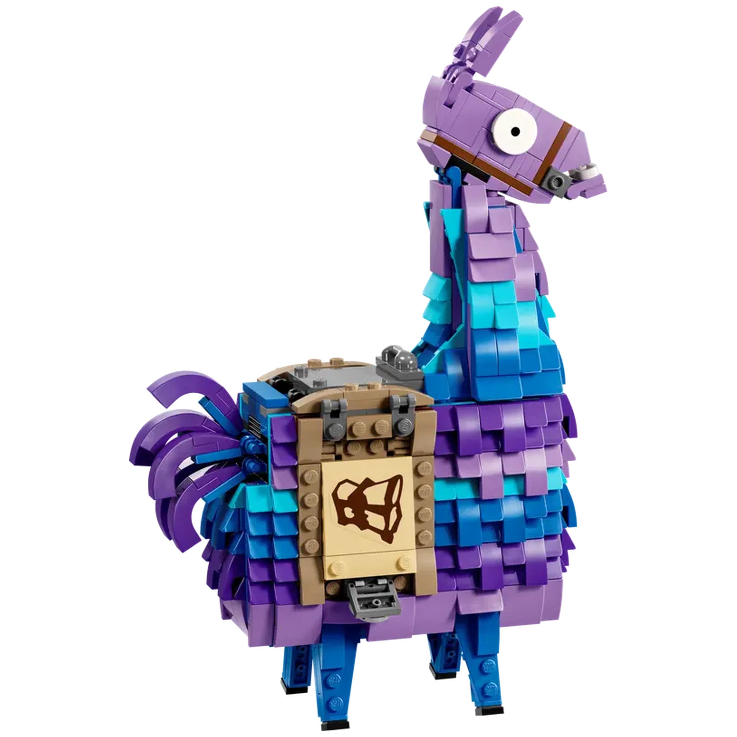 Colorful LEGO® Fortnite Supply Llama construction set with a purple and blue façade, featuring a movable head and openable mouth, adorned with accessories.