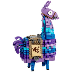 Colorful LEGO® Fortnite Supply Llama construction set with a purple and blue façade, featuring a movable head and openable mouth, adorned with accessories.